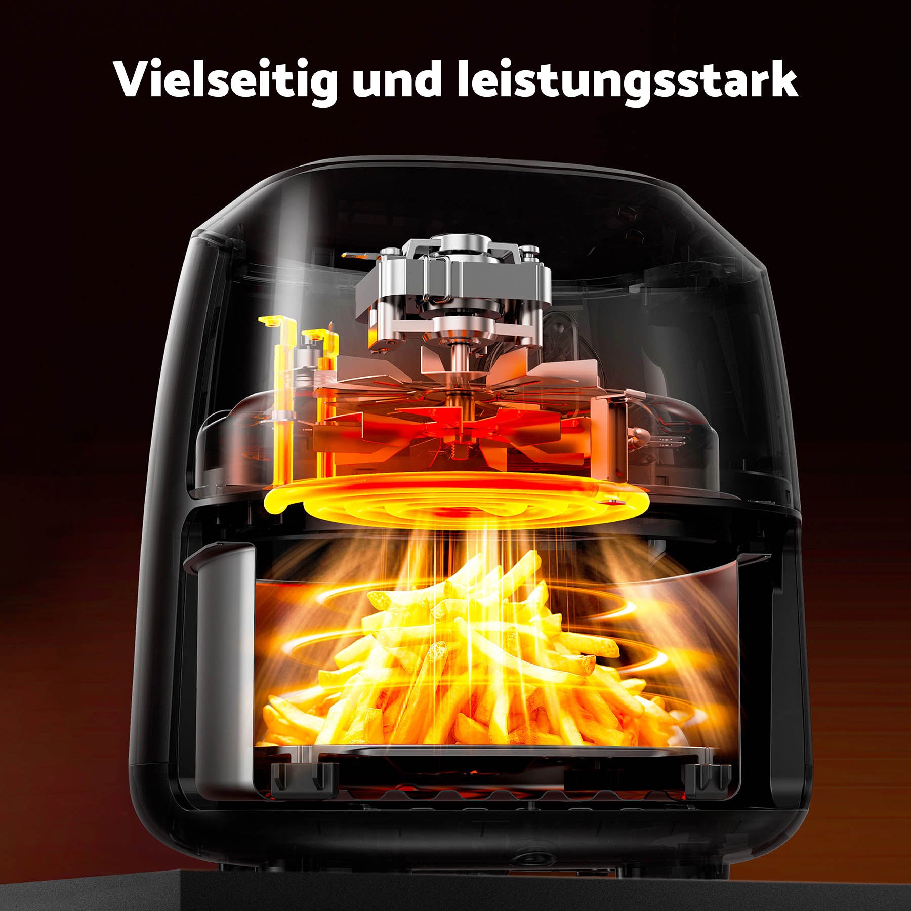 Ein Ausschnitt des aeco Cube 2.0 Airfryer 2 Liter mit Antihaftbeschichtung zeigt Pommes frites und zirkulierende Heißluft, darüber steht "Vielseitig und leistungsstark".