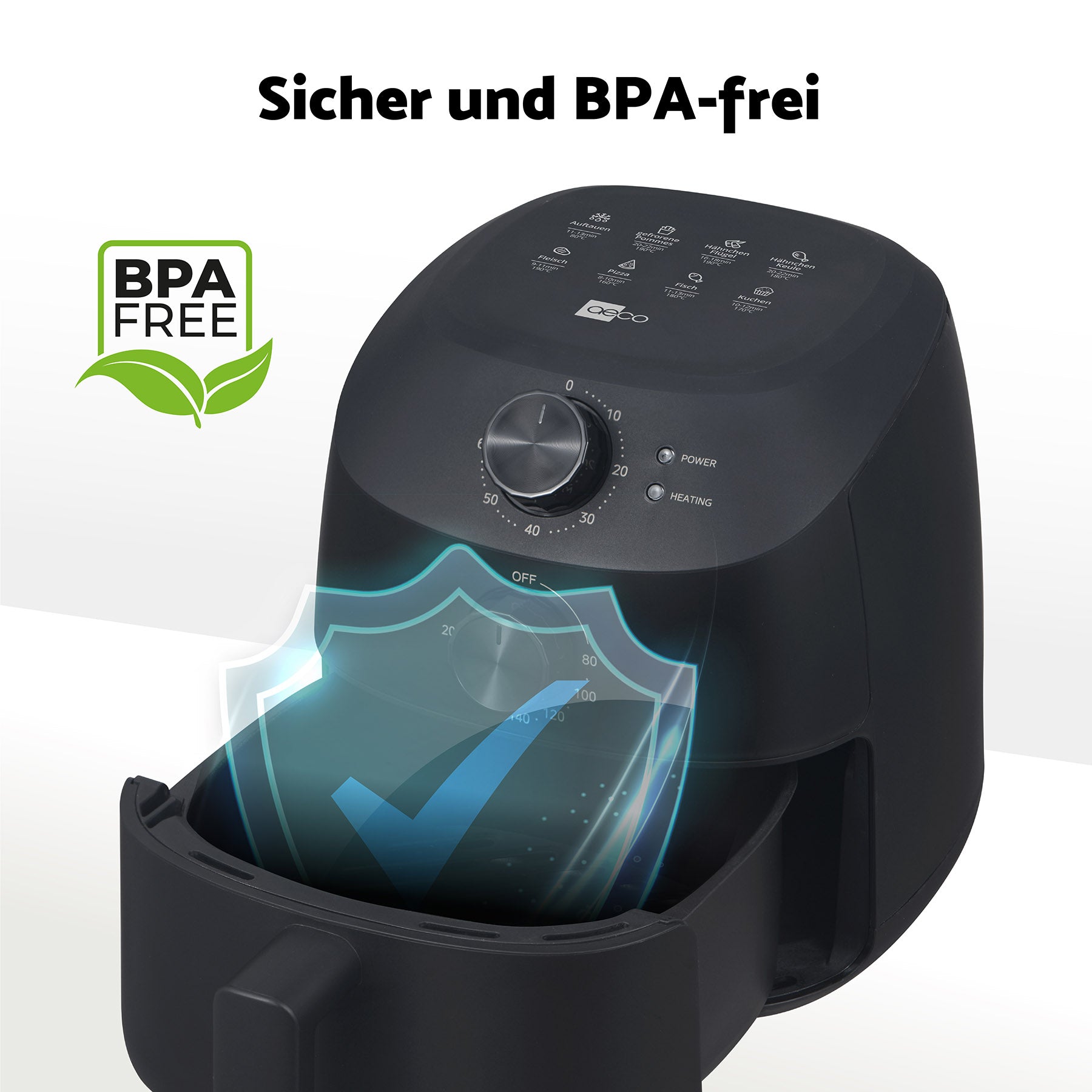 Der aeco Cube 2.0 Airfryer 2 Liter zeichnet sich durch ein schwarzes Design mit offenem Korb, digitalem Bedienfeld, kompakter Größe und Antihaftbeschichtung aus; BPA-frei-Symbol mit grünem Blatt und "Sicher und BPA-frei"-Text oben abgebildet.