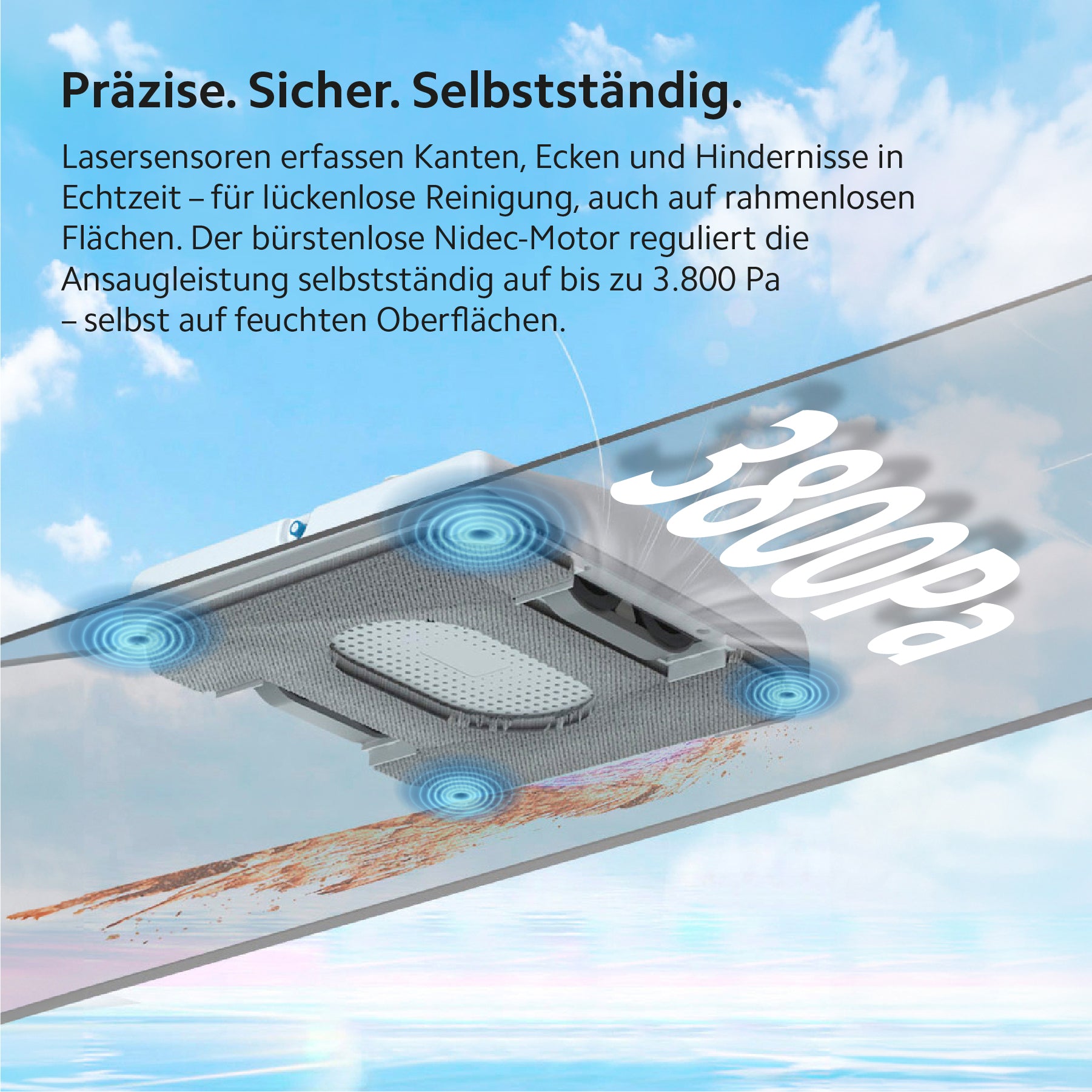 Der W8-Fensterputzroboter von HUTT nutzt Lasersensoren zur Navigation und Reinigung von Glasflächen und verfügt über eine starke Saugkraft von 3800 Pa.