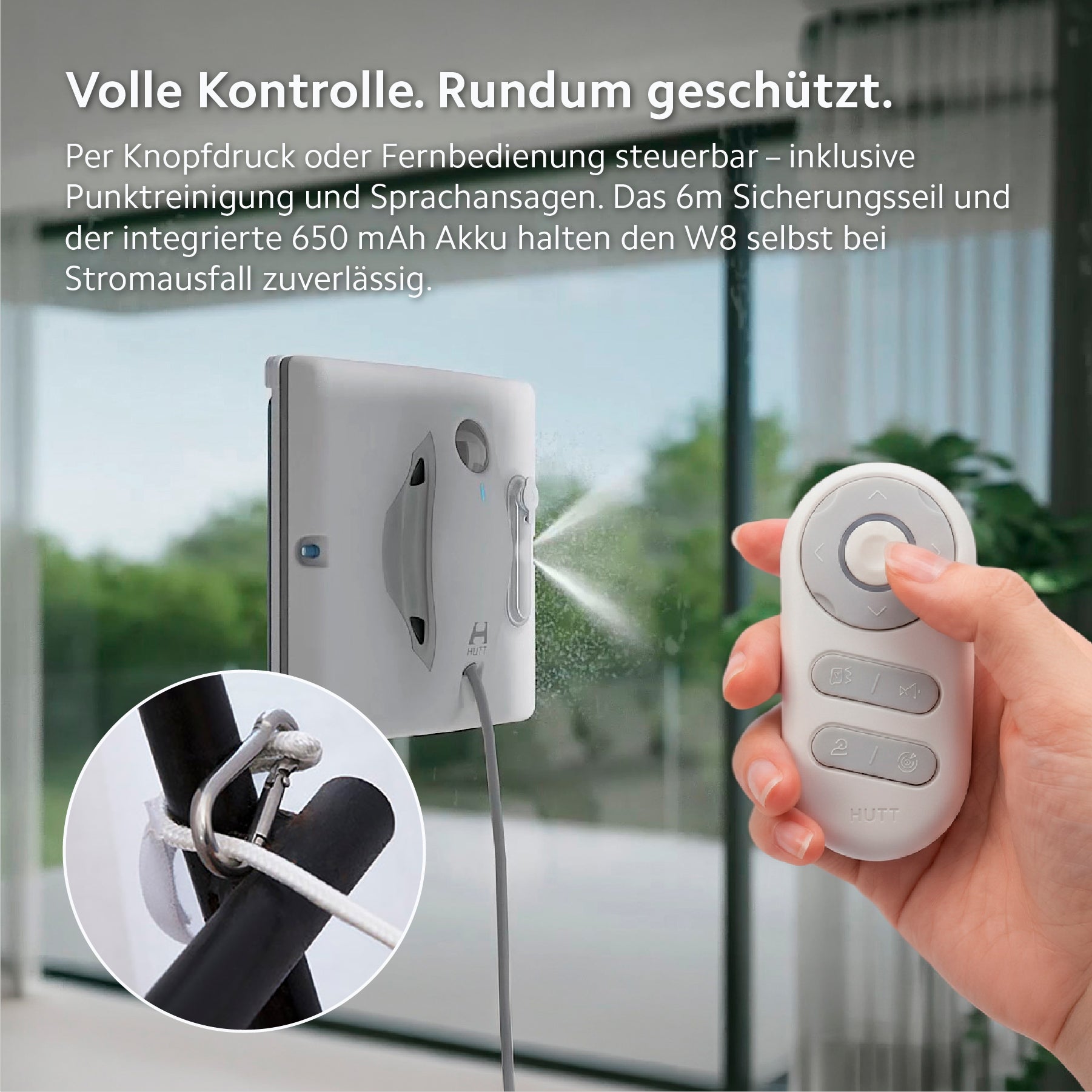 Eine Hand bedient den HUTT W8 Fensterputzroboter an einem Fenster mit einer Fernbedienung, wobei der deutsche Text „intelligentes Fensterputzen“, „duales Sprühsystem“ und „fortschrittliche Sicherheitsfunktionen“ hervorhebt.