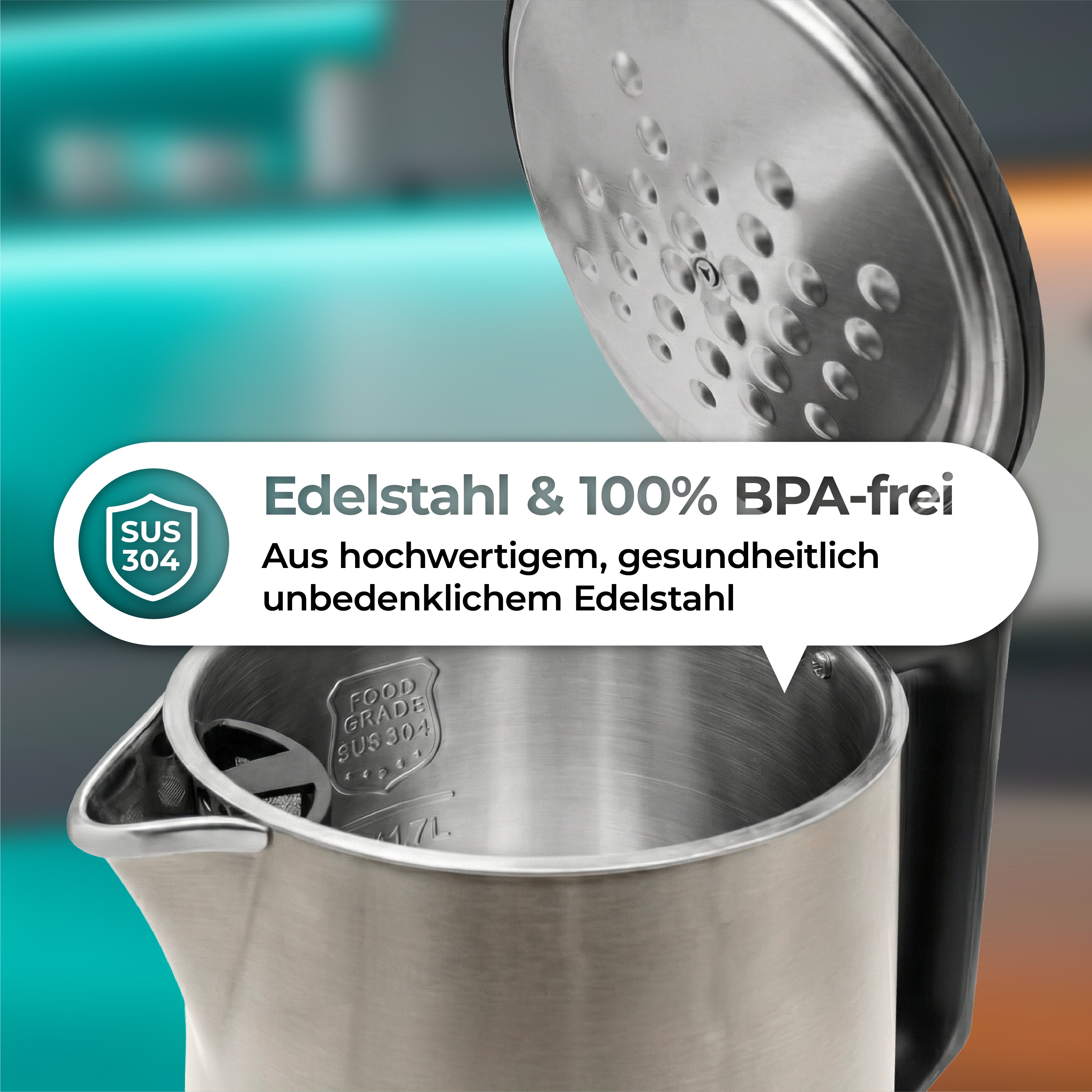 Der aeco AQA NEO Wasserkocher ist ein Edelstahl-Wasserkocher mit offenem Deckel, hergestellt aus lebensmittelechtem Material SUS 304 und 100% BPA-frei für einen sicheren und hochwertigen Gebrauch.