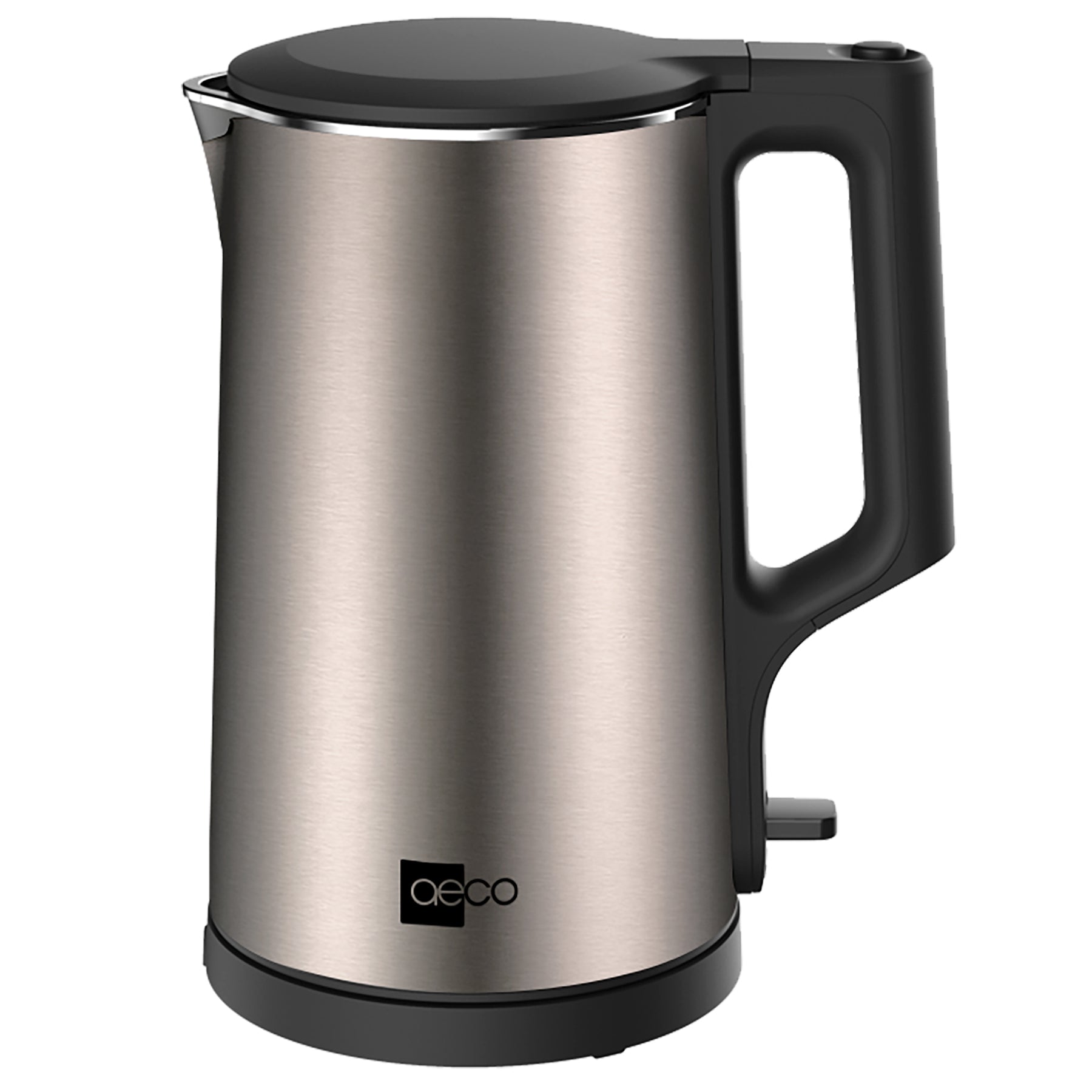 Der AQA NEO Wasserkocher von aeco ist ein elektrischer Wasserkocher aus Edelstahl mit schwarzem Griff und Sockel, auf dem das aeco-Logo prangt.