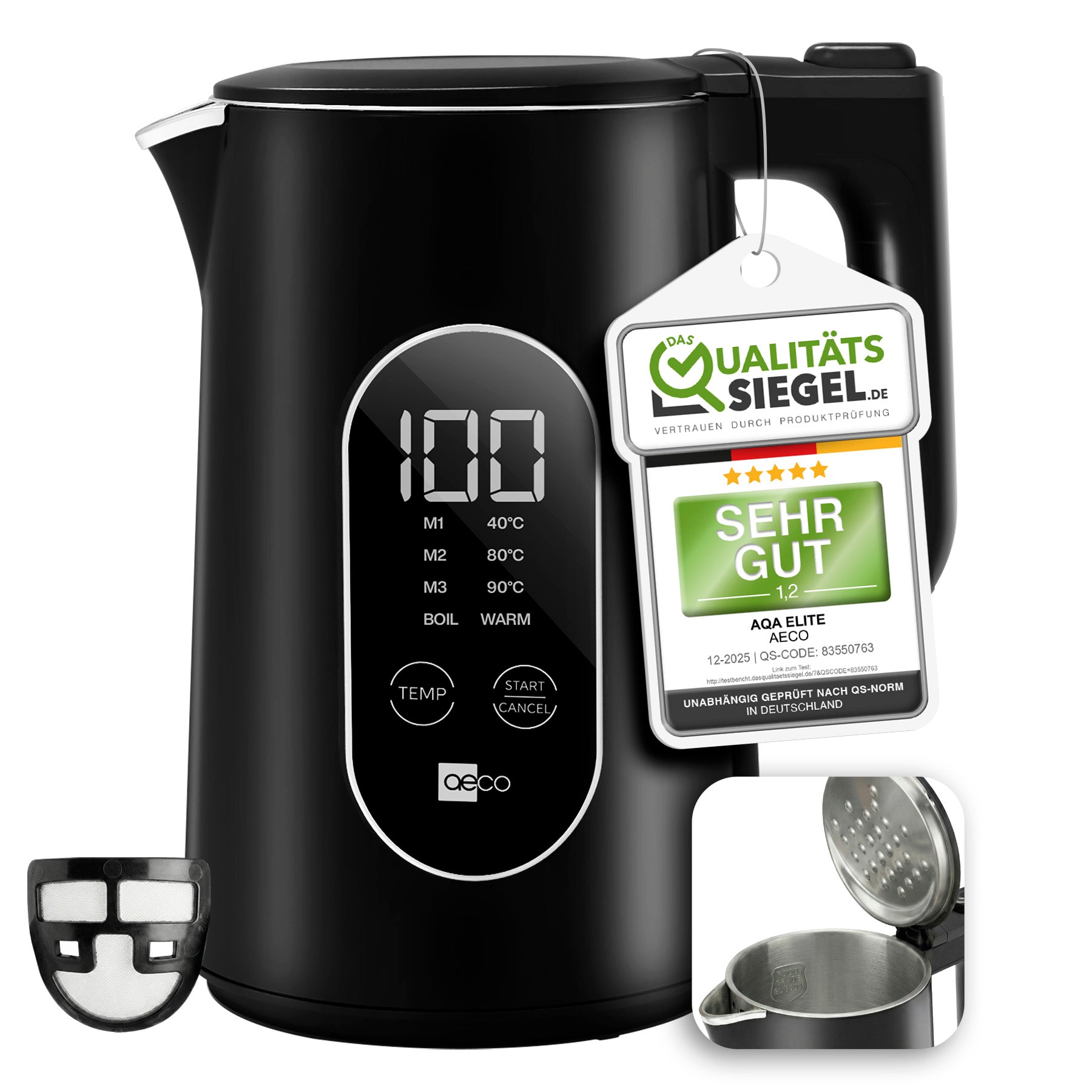 Der aeco AQA ELITE Wasserkocher ist ein schwarzer Wasserkocher mit Digitalanzeige, einstellbaren Temperatureinstellungen und deutschem Qualitätssiegel. Der Einsatz hebt das Innere aus rostfreiem Stahl und den herausnehmbaren Filter hervor.