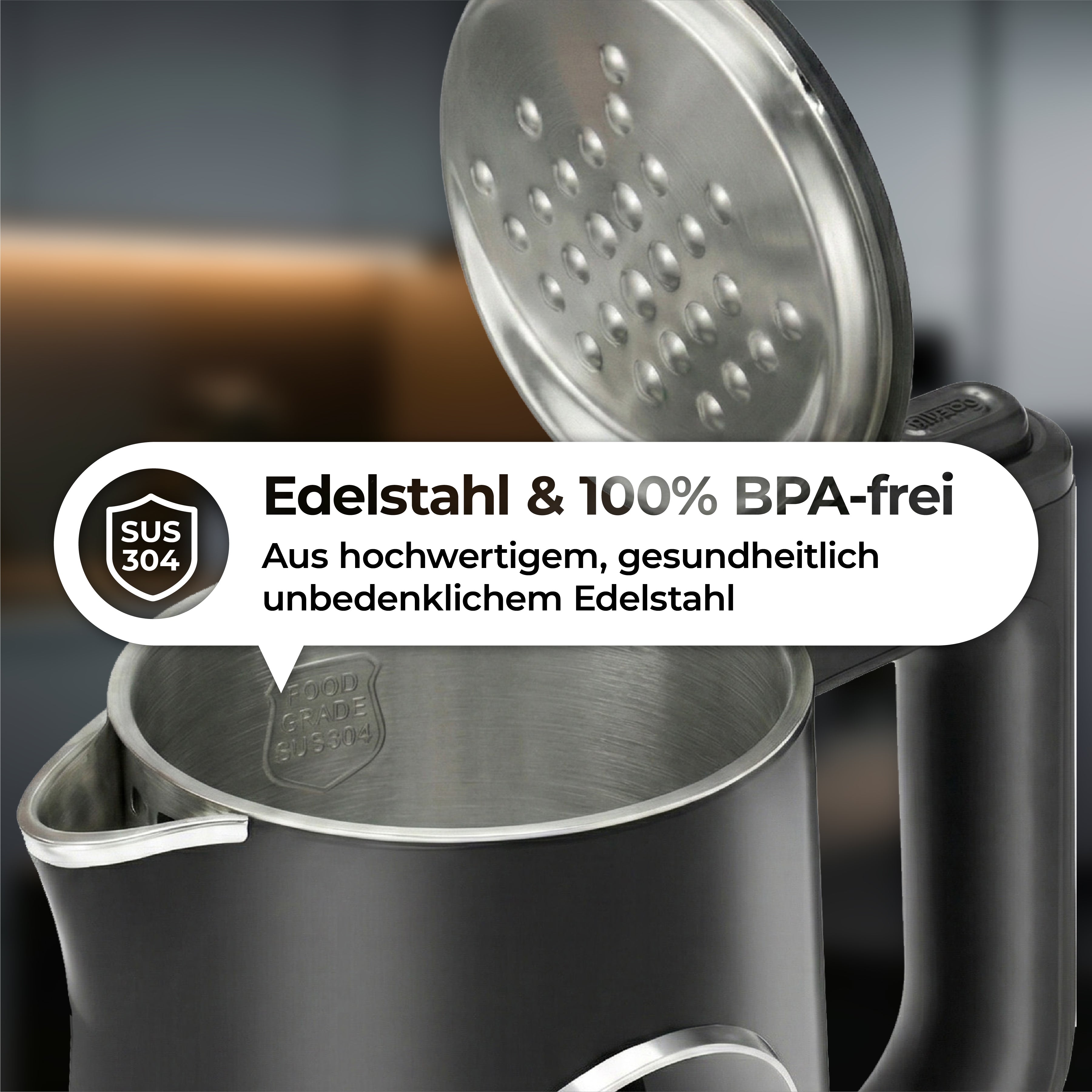 Der aeco AQA ELITE Wasserkocher ist ein 100% BPA-freier Wasserkocher aus hochwertigem, lebensmittelechtem SUS304-Edelstahl, der sicher kocht.