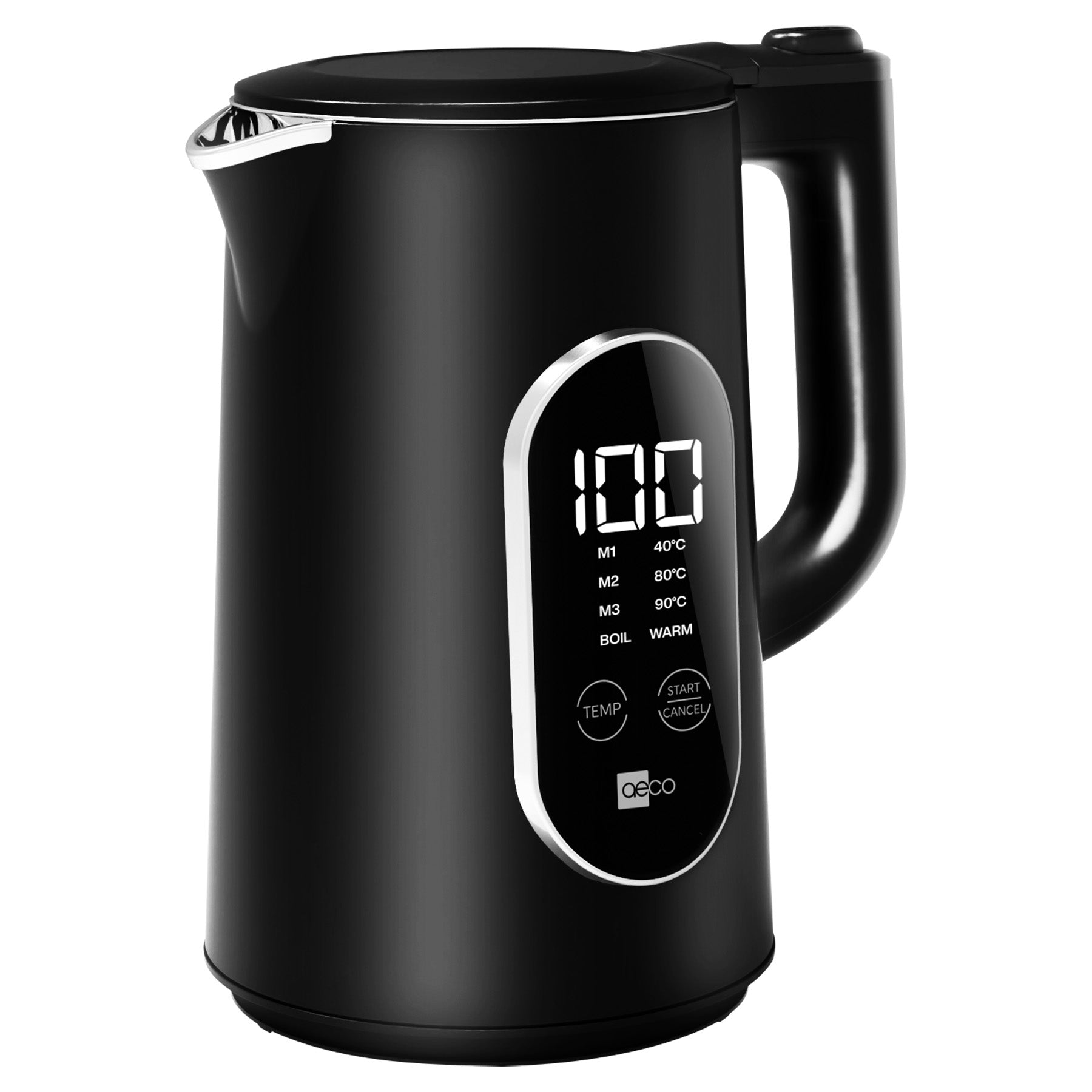 Der aeco AQA ELITE Wasserkocher ist ein schwarzer Wasserkocher mit einem digitalen Display, das 100 anzeigt, und Tasten zur Temperaturregelung sowie Start-/Abbruchfunktionen.