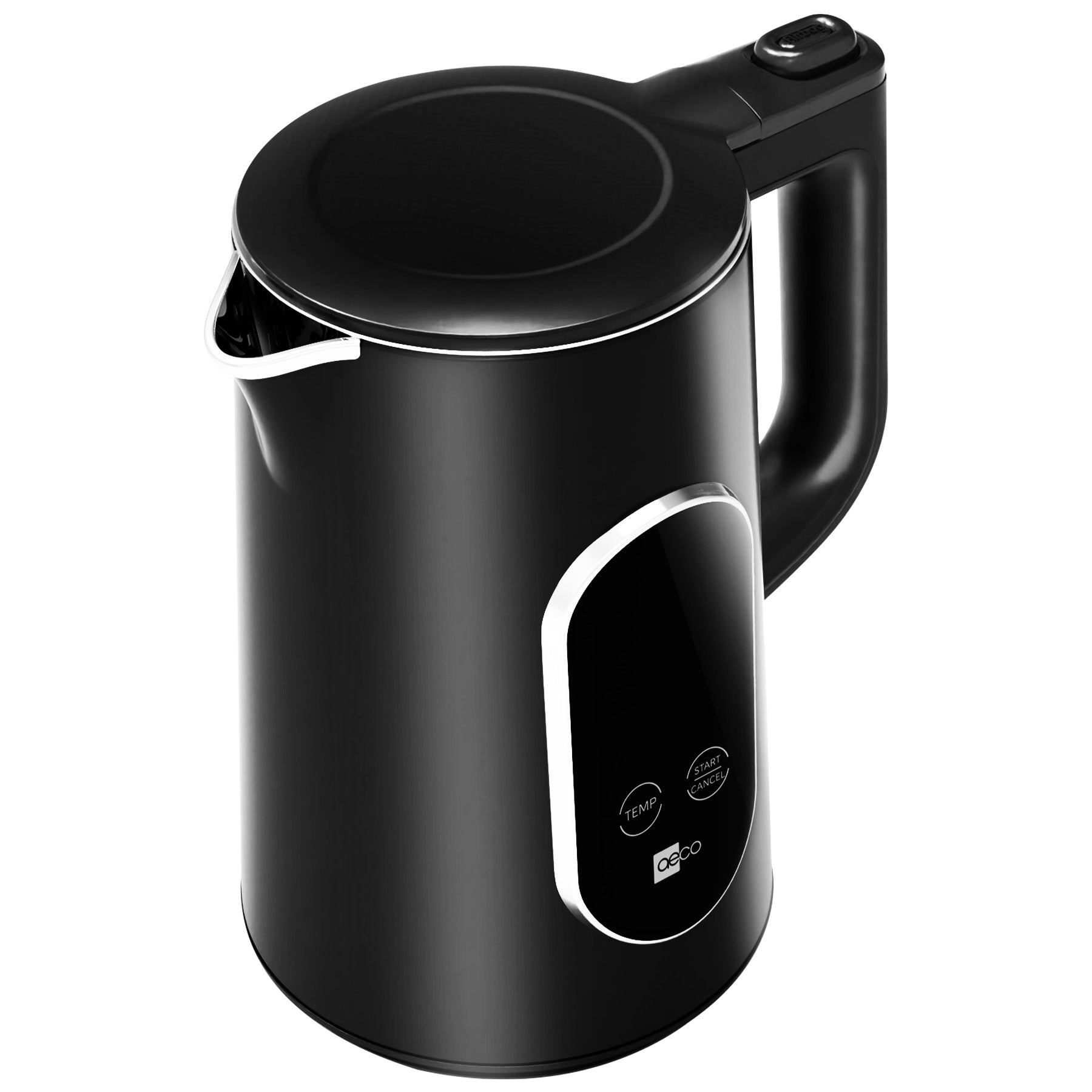 Der aeco AQA ELITE Wasserkocher ist ein schwarzer Wasserkocher mit Digitalanzeige, Temperatur- und Warmhaltetaste auf weißem Hintergrund.