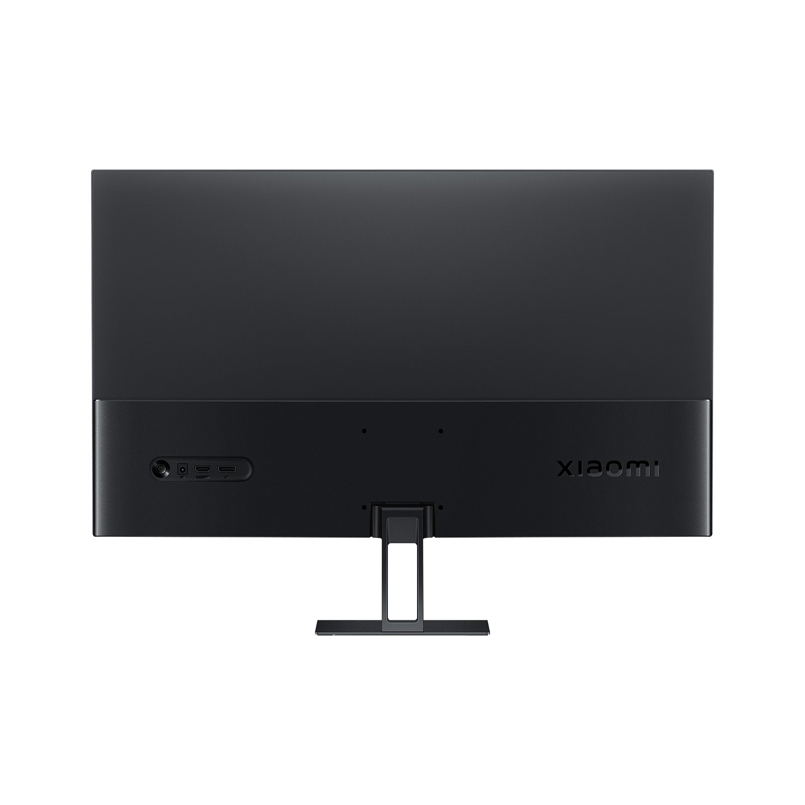 Der schwarze Xiaomi A27i Monitor (27 Zoll, 69 cm) zeigt sich von hinten mit sichtbaren Anschlüssen, einem stabilen Standfuß und dem Xiaomi-Logo unten rechts. Dieses Full HD IPS-Display liefert lebendige Farben und große Betrachtungswinkel.