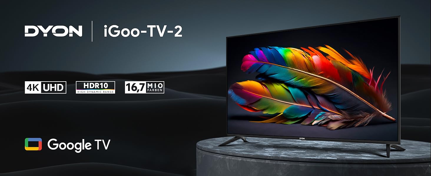 Ein Dyon iGoo-TV-2, der ein farbenfrohes Federbild mit 4K UHD, HDR10 und 16,7 Millionen Farben anzeigt, mit dem Google TV-Logo auf der linken Seite.