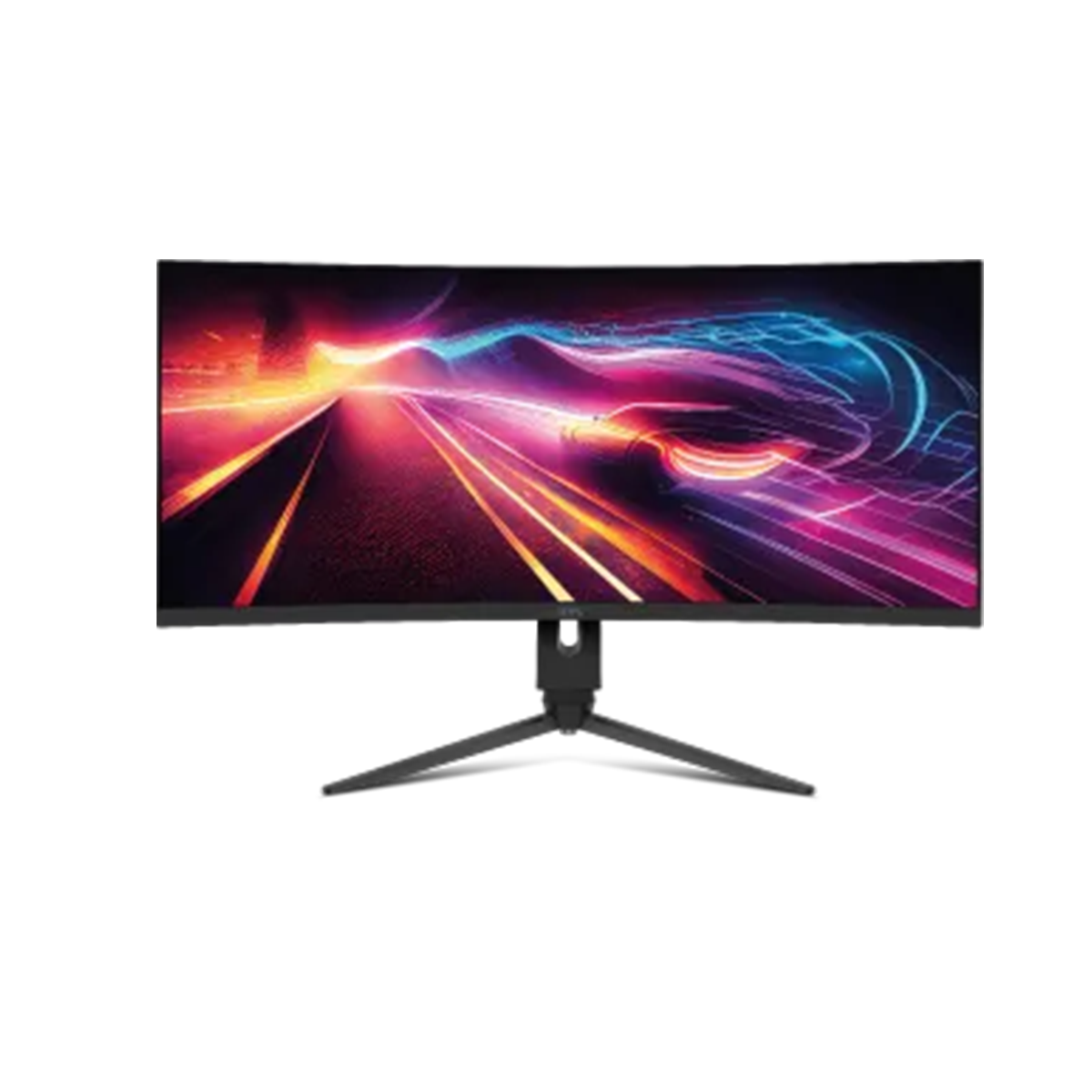 Ein gebogener Widescreen-Monitor, der ein farbenfrohes, abstraktes Bild mit Neonlinien und Lichtspuren auf einem schwarzen Ständer zeigt.