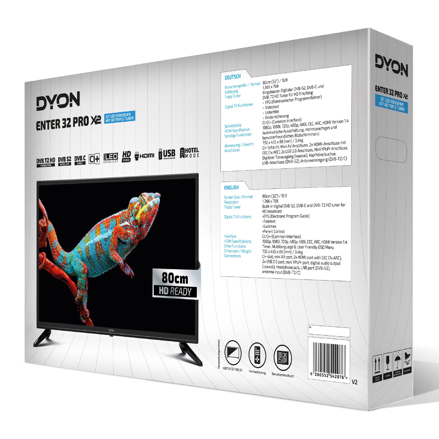 Auf der Verpackung des Dyon Enter 32 Pro X2 32-Zoll-HD-Fernsehers (gebraucht) ist eine farbenfrohe Eidechse auf dem Bildschirm abgebildet. Auf der Verpackung sind wichtige Details, Anschlüsse und technische Daten sowohl auf Deutsch als auch auf Englisch gut sichtbar angegeben. Dieser 32-Zoll-HD-LED-Fernseher der Marke Dyon ist deutlich dargestellt, sodass er leicht zu erkennen ist, wenn Sie nach einem gebrauchten Fernseher suchen.