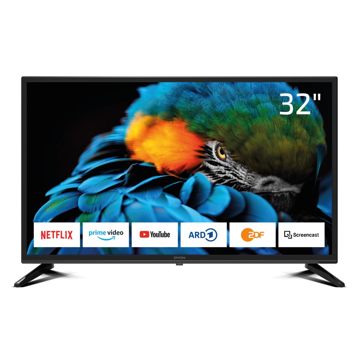 Der Dyon Smart 32 XT HD ist ein 32-Zoll-Flachbildfernseher, auf dem ein Papagei in Großaufnahme zu sehen ist, während Logos von Streaming-Diensten wie Netflix, Amazon Prime Video und YouTube auf dem Bildschirm angezeigt werden.