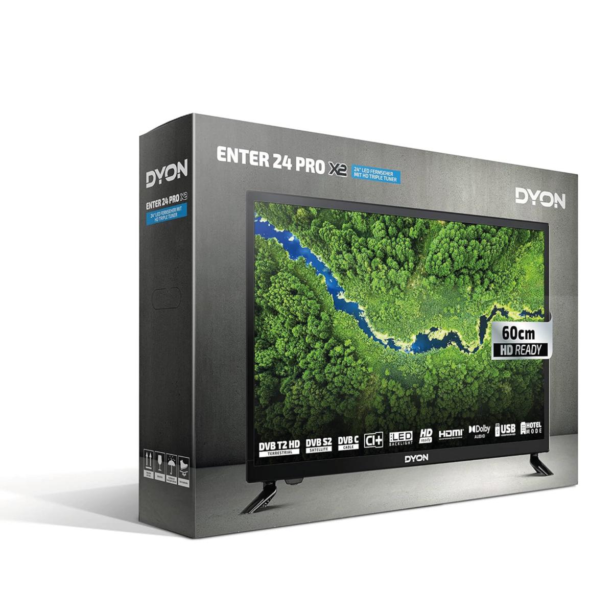 Produktverpackung für den Dyon Enter 24 Pro X2 LED-Fernseher mit 60 cm HD Ready LED-Display mit Symbolen für DVB, HDMI, USB und HD-Auflösung.
