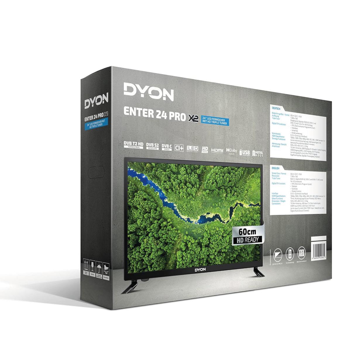 Verpackung eines Dyon Enter 24 Pro X2 LED-Fernsehers mit einem 60-cm-HD-Ready-Bildschirm; Produktmerkmale und Spezifikationen sind auf der Verpackung angegeben.
