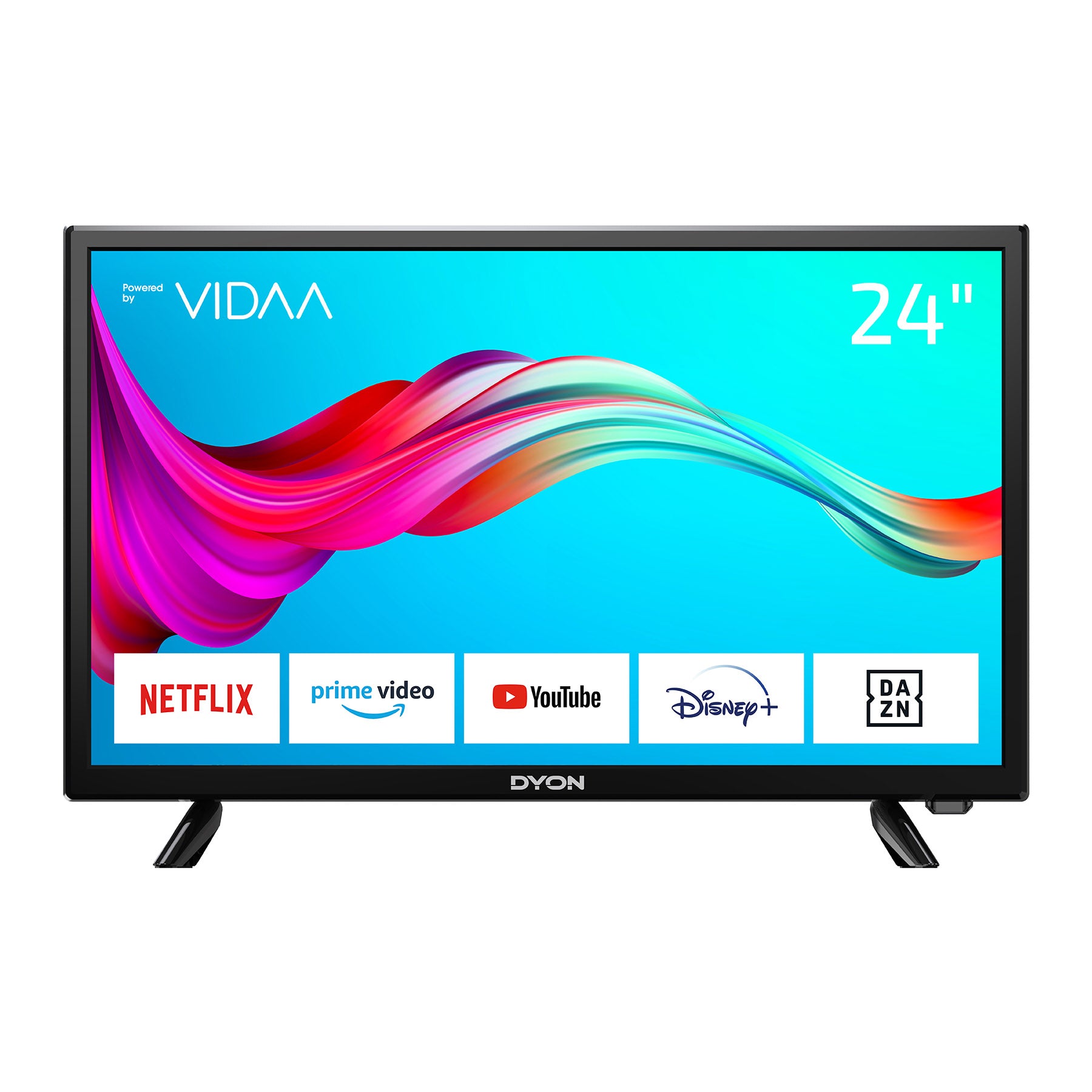 Der Dyon Smart 24 VX Smart LED Fernseher (24 Zoll, 60 cm) zeigt Streaming-Apps wie Netflix, Prime Video, YouTube, Disney+ und DAZN auf dem Bildschirm.