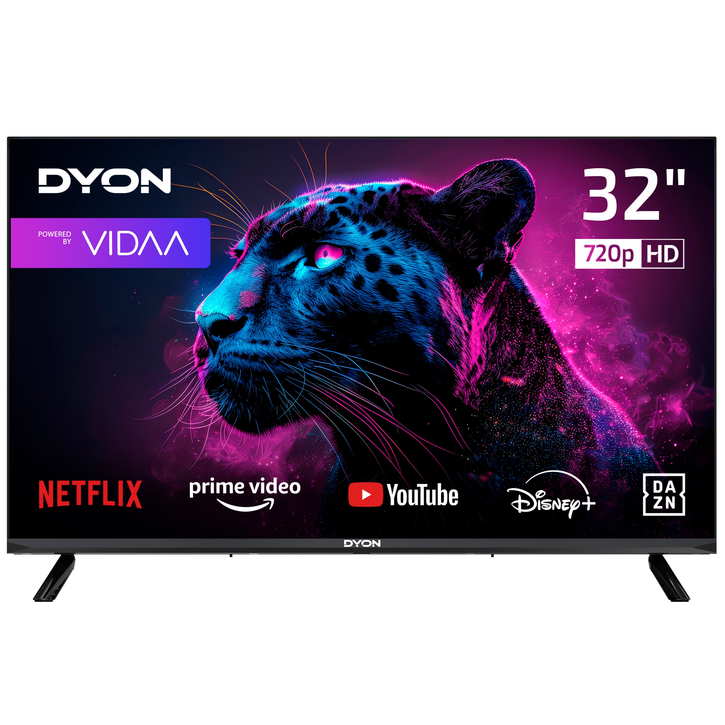 Der Dyon Movie Smart 32 VX Smart LED-Fernseher (32 Zoll/80cm) zeigt einen neonfarbenen Panther, unterstützt 720p HD, läuft mit dem VIDAA Betriebssystem und bietet die Apps Netflix, Prime Video, YouTube, Disney+ und DAZN.
