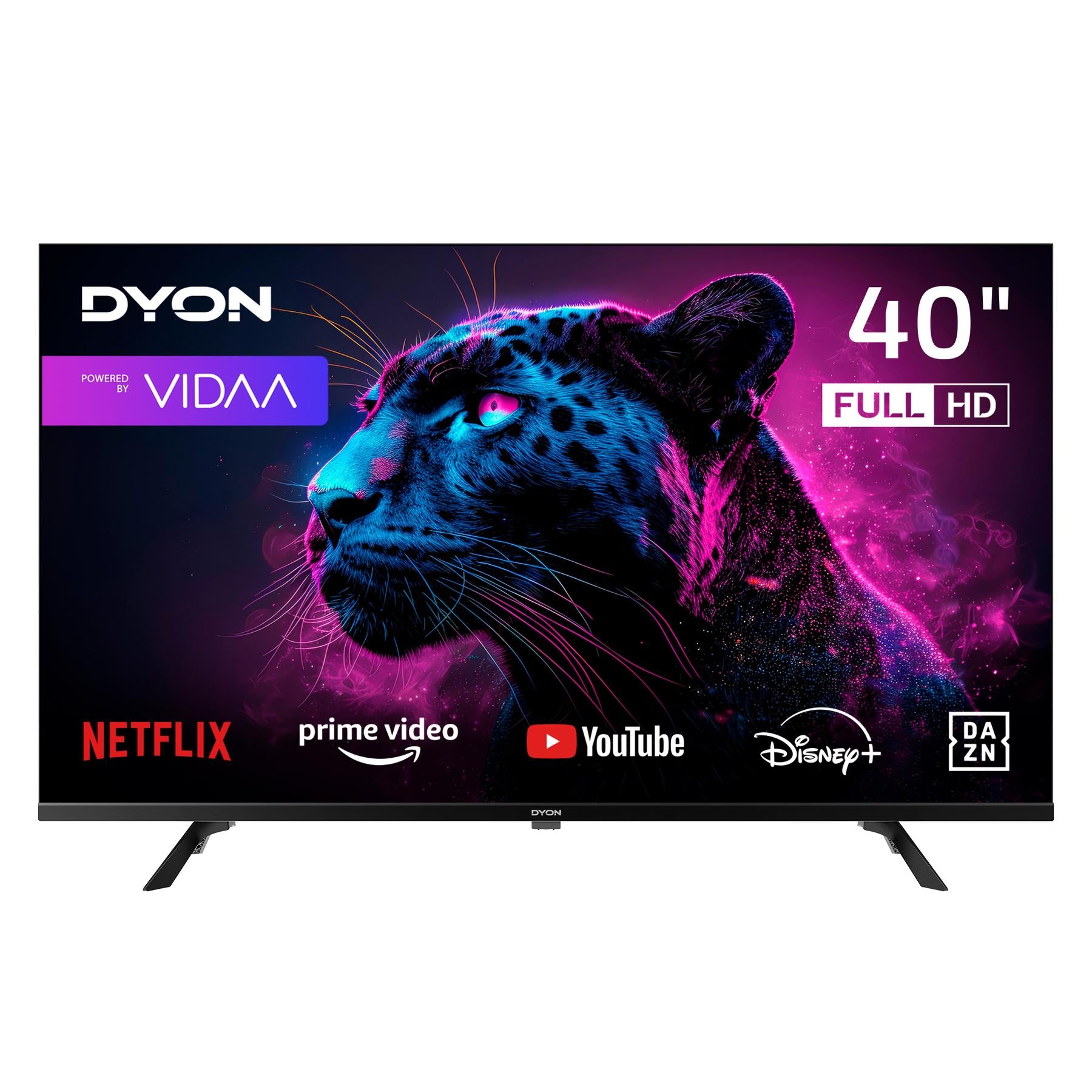 Der Dyon Movie Smart 40 VX-2 (40", 100 cm) Fernseher zeigt eine lebendige Panther-Grafik mit Streaming-App-Logos für Netflix, Prime Video, YouTube, Disney+, DAZN und Full HD-Branding.