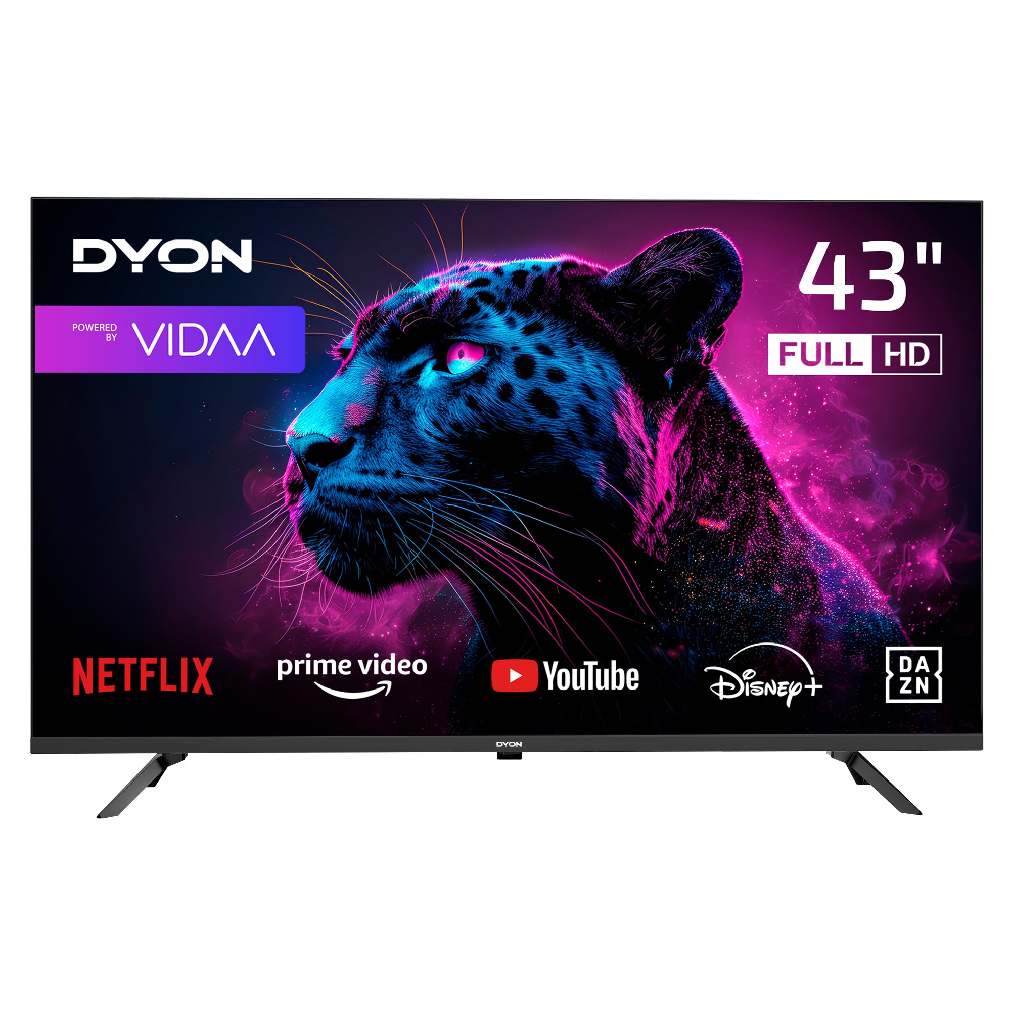 Der Dyon Movie Smart 43 VX (43 Zoll, 108 cm) Full HD-Fernseher zeigt ein lebendiges Panther-Bild mit App-Symbolen für Netflix, Prime Video, YouTube, Disney+ und DAZN, hervorgehoben durch das VIDAA-Branding.