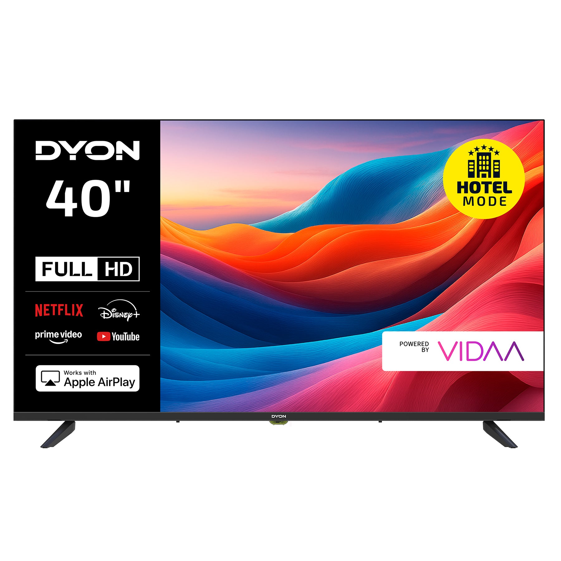 Der Dyon Smart 40 VX-2 Smart LED-Fernseher (40", 100 cm) verfügt über Full HD, Hotelmodus, Apple AirPlay-Unterstützung, Streaming-Apps (Netflix, Prime Video, Disney+) und läuft mit VIDAA OS, dessen Markenzeichen auf dem Bildschirm angezeigt wird.