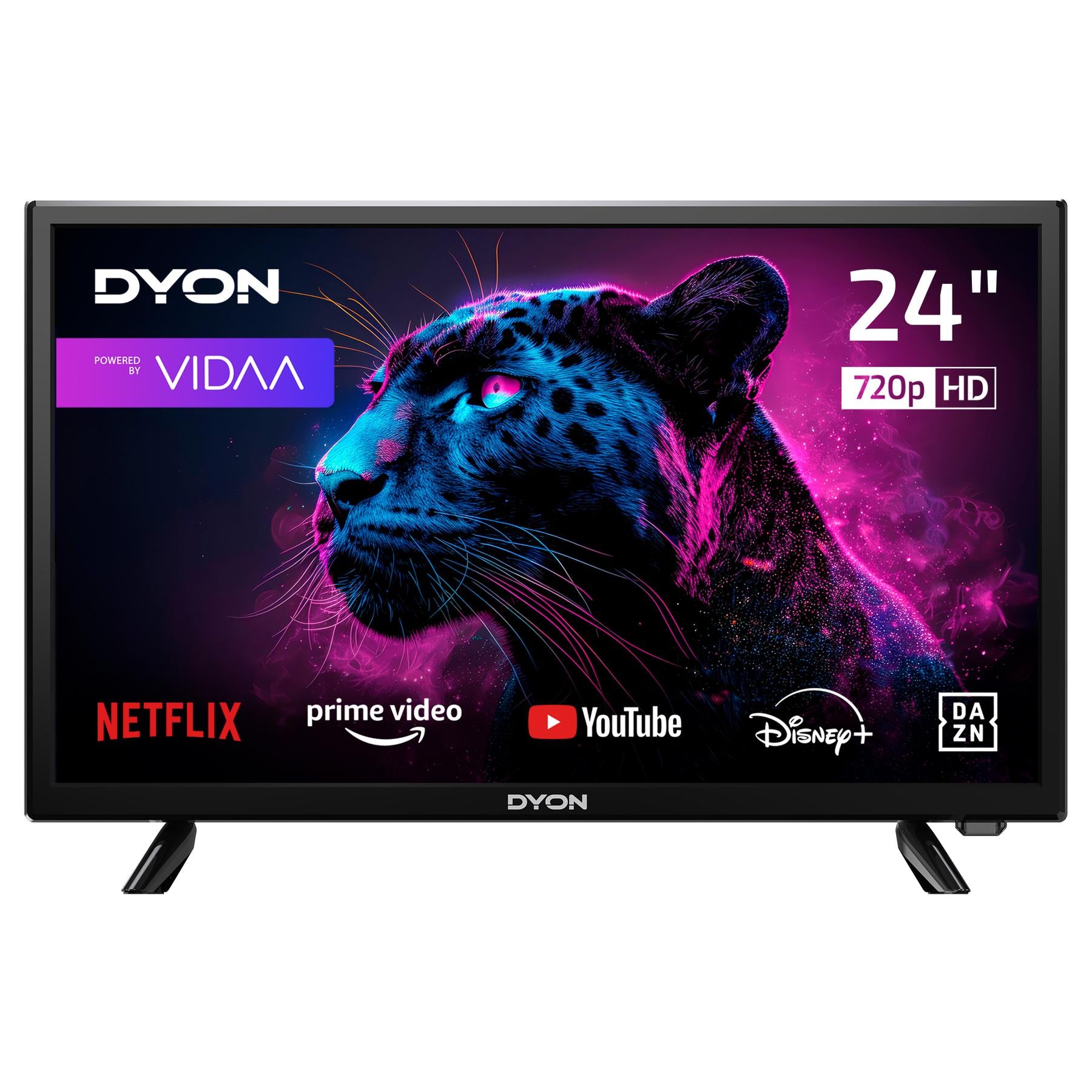 Der Dyon Movie Smart 24 VX Smart TV (24 Zoll, 60 cm) zeigt Logos von Streaming-Diensten (Netflix, Prime Video, YouTube, Disney+, DAZN) und ein lebendiges, neonbeleuchtetes schwarzes Leopardenbild auf seinem Bildschirm.