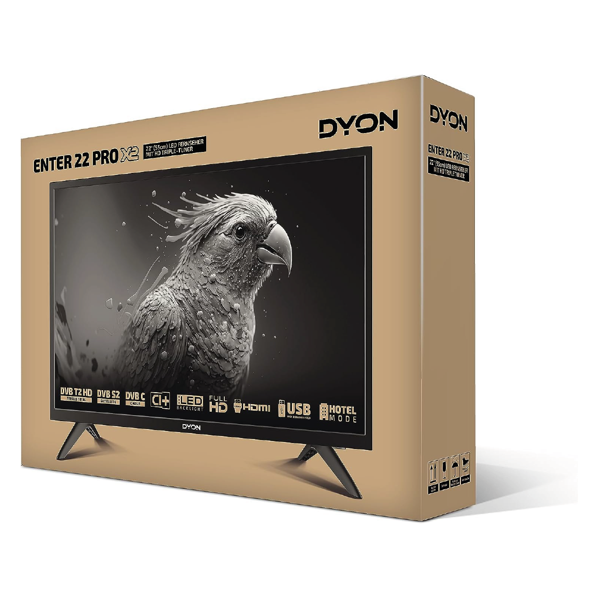 Ein verpackter Dyon Enter 22 Pro X2 Fernseher zeigt ein Papageienbild und hebt HD Triple Tuner, DVB-T2, DVB-S2, Full HD, USB, HDMI und Hotelmodus auf der Verpackung hervor.