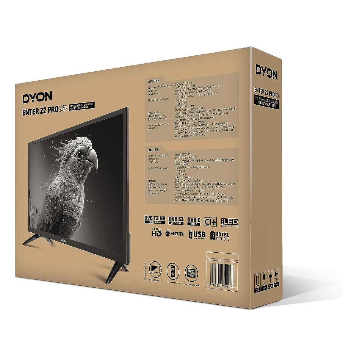 Das Bild zeigt den Verpackungskarton des Dyon Enter 22 Pro X2 mit seinen Spezifikationen, einer HD Triple Tuner-Funktion und einem Graustufen-Vogelbild auf dem 22-Zoll-Bildschirm.