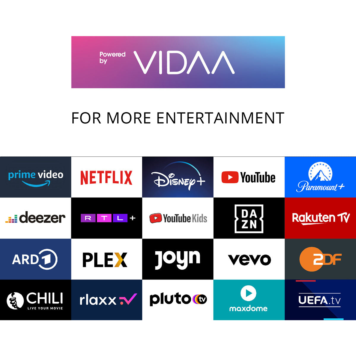Auf dem Dyon Movie Smart 55 VX TV erscheint unter dem Banner Powered by VIDAA OS" ein Raster aus 20 Logos von Streaming-Diensten wie Netflix, Disney+, Prime Video und YouTube mit der Botschaft For more entertainment".