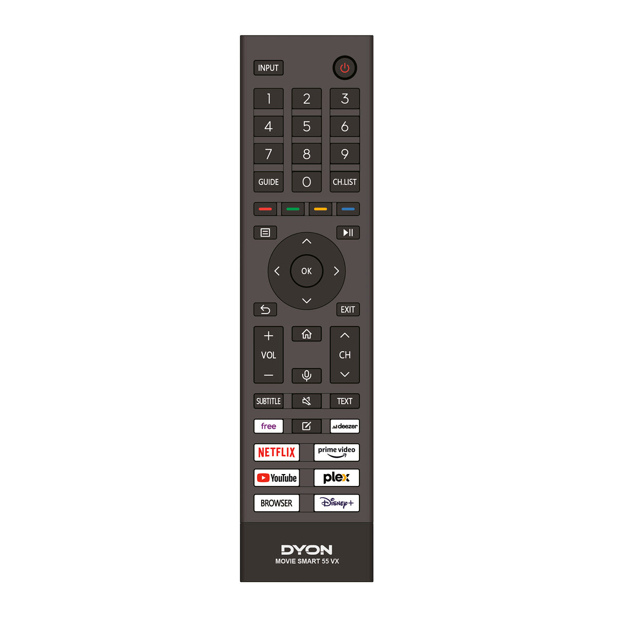 Schwarze Fernbedienung für den Dyon Movie Smart 55 VX mit Zifferntasten, Navigation, Lautstärke- und Kanalsteuerung, Triple-Tuner-Unterstützung, Tasten für Netflix, YouTube, Prime Video, Disney+ und VIDAA OS.