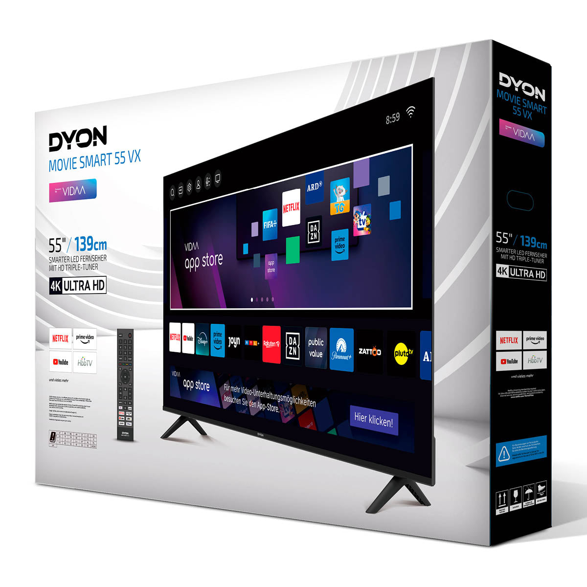 Verpackung des Dyon Movie Smart 55 VX TV mit 55-Zoll-4K-Ultra-HD-Display, Triple-Tuner und VIDAA OS, mit Symbolen für die Fernbedienung und Streaming-Apps auf der Verpackung.