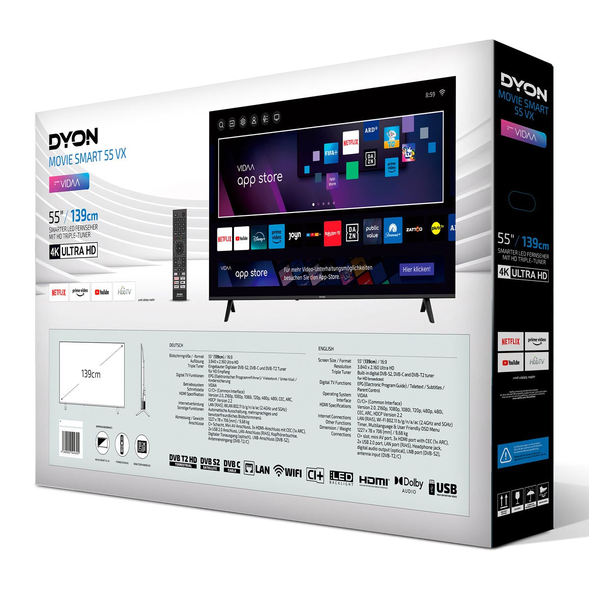 Die Verpackung des Dyon Movie Smart 55 VX TV zeigt den 55-Zoll-4K-Ultra-HD-Bildschirm, den Triple-Tuner, das VIDAA-Betriebssystem, Funktionen, Spezifikationen und unterstützte Streaming-Apps.