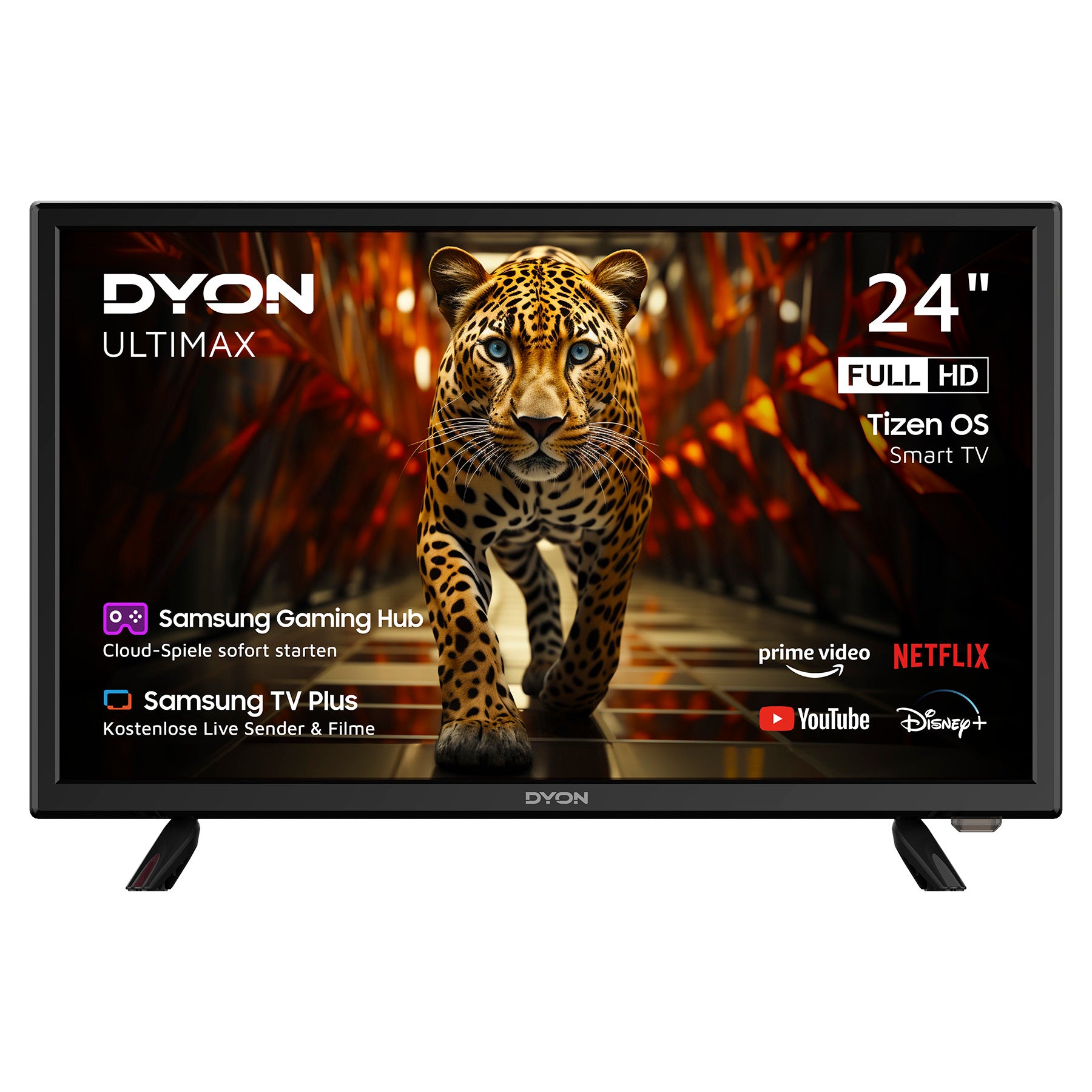 Frontansicht des Dyon Ultimax 24F-TI Smart TV (24 Zoll, 60 cm) mit einem Leopardenbild, auf dem die Symbole der Streaming-Dienste und die Highlights der Funktionen zu sehen sind.