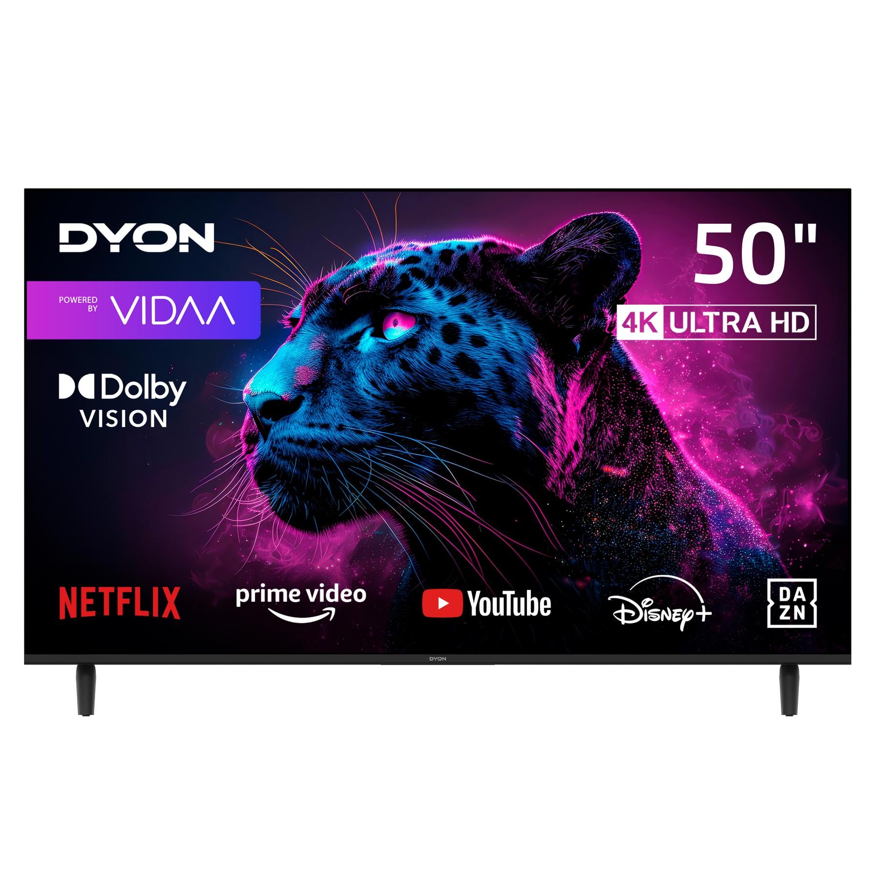 Der Dyon Movie Smart 50 VX, ein 50-Zoll-4K-Ultra-HD-Smarter-LED-Fernseher mit Triple-Tuner und Dolby Vision, zeigt auf seinem Display eine Neon-Panther-Grafik, Streaming-App-Logos und VIDAA-Branding.