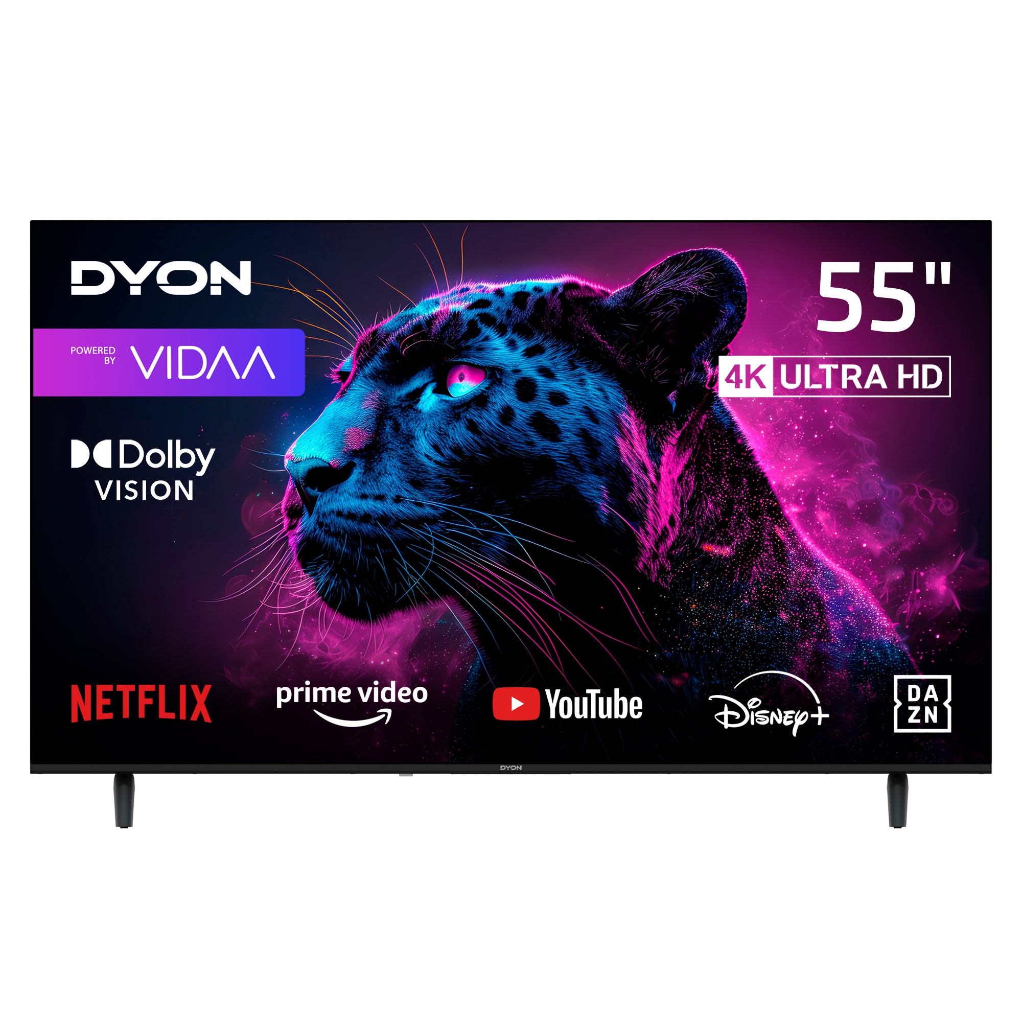 Frontansicht eines Dyon MOVIE SMART 55 VX-2 Smart LED-Fernsehers (55 Zoll, 139 cm) mit Logos von Streaming-Diensten und einem neonbeleuchteten schwarzen Panther auf dem Bildschirm.