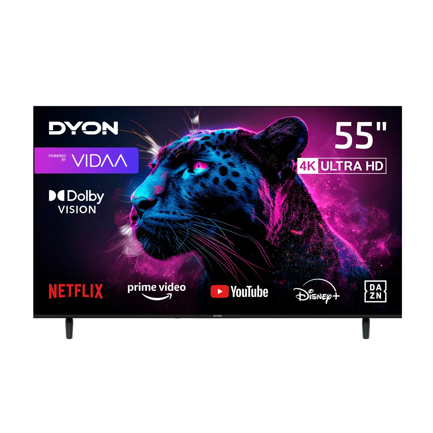 Ein Dyon MOVIE SMART 55 VX-2 Smart TV (55 Zoll, 139 cm) mit einer neonfarbenen Leopardengrafik und Logos von Streaming-Diensten: Netflix, Prime Video, YouTube, Disney+ und DAZN.