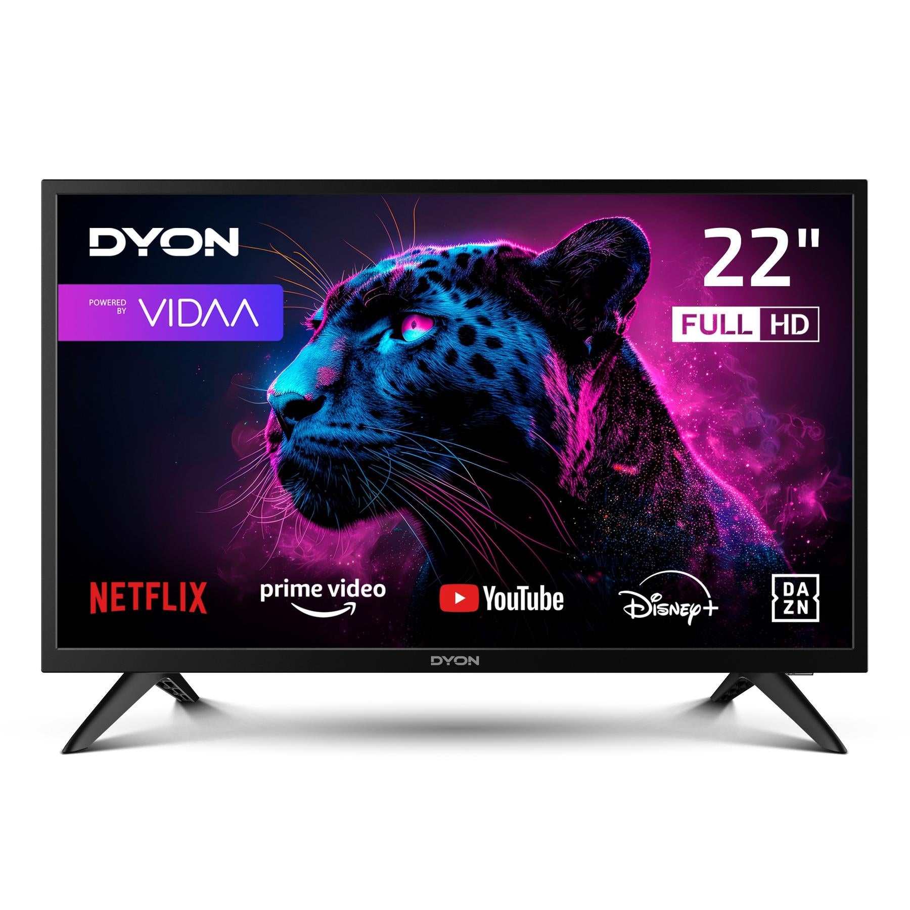 Der Dyon Movie Smart 22 VX (22", 55 cm) Smart LED TV zeigt auf seinem Full HD-Display Logos von Streaming-Apps und ein Neon-Panther-Bild.