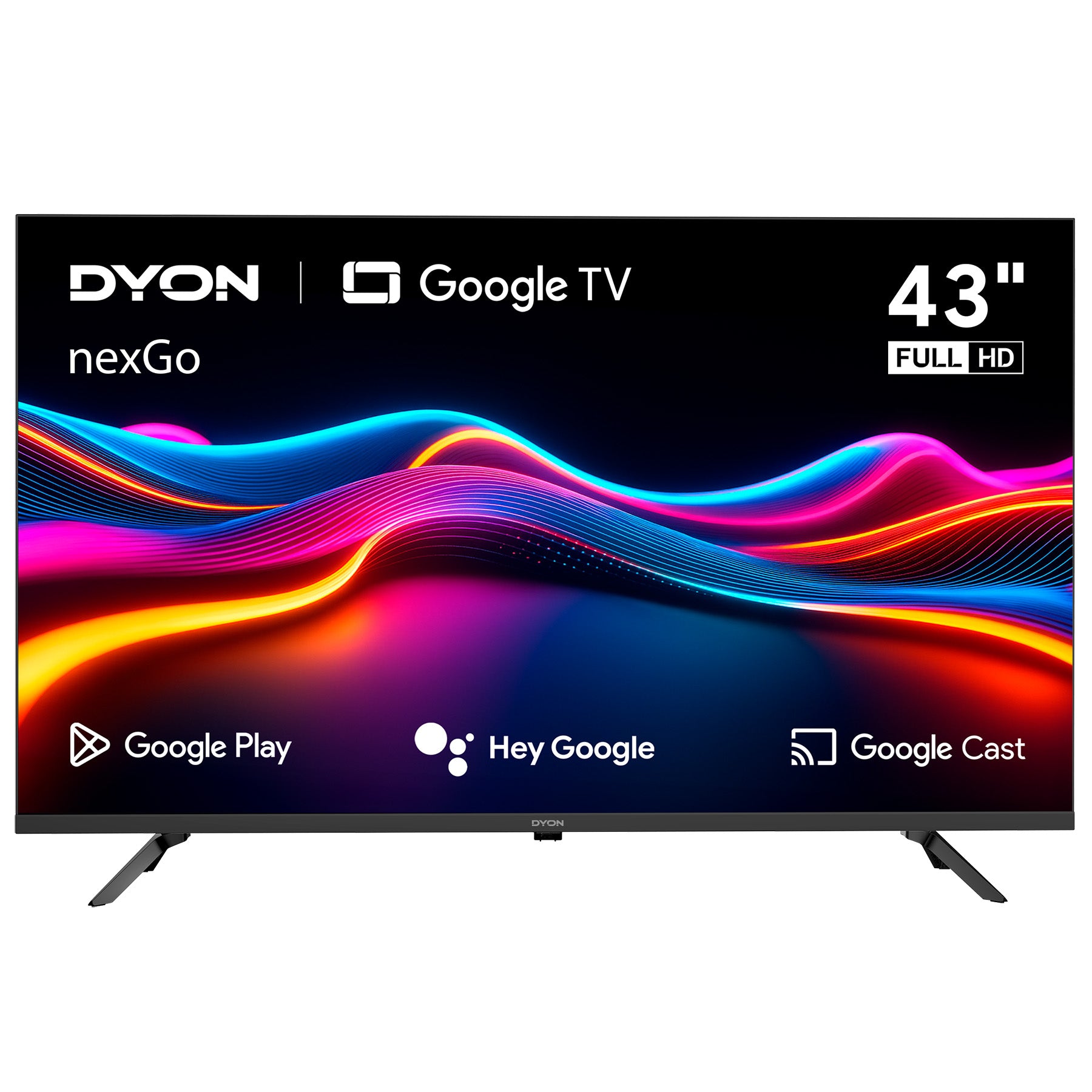 Der 43 Zoll (108 cm) große DYON nexGo 43F Smart TV zeigt bunte Wellen mit Google Play-, Hey Google- und Google Cast-Logos sowie Full HD-Auflösung.