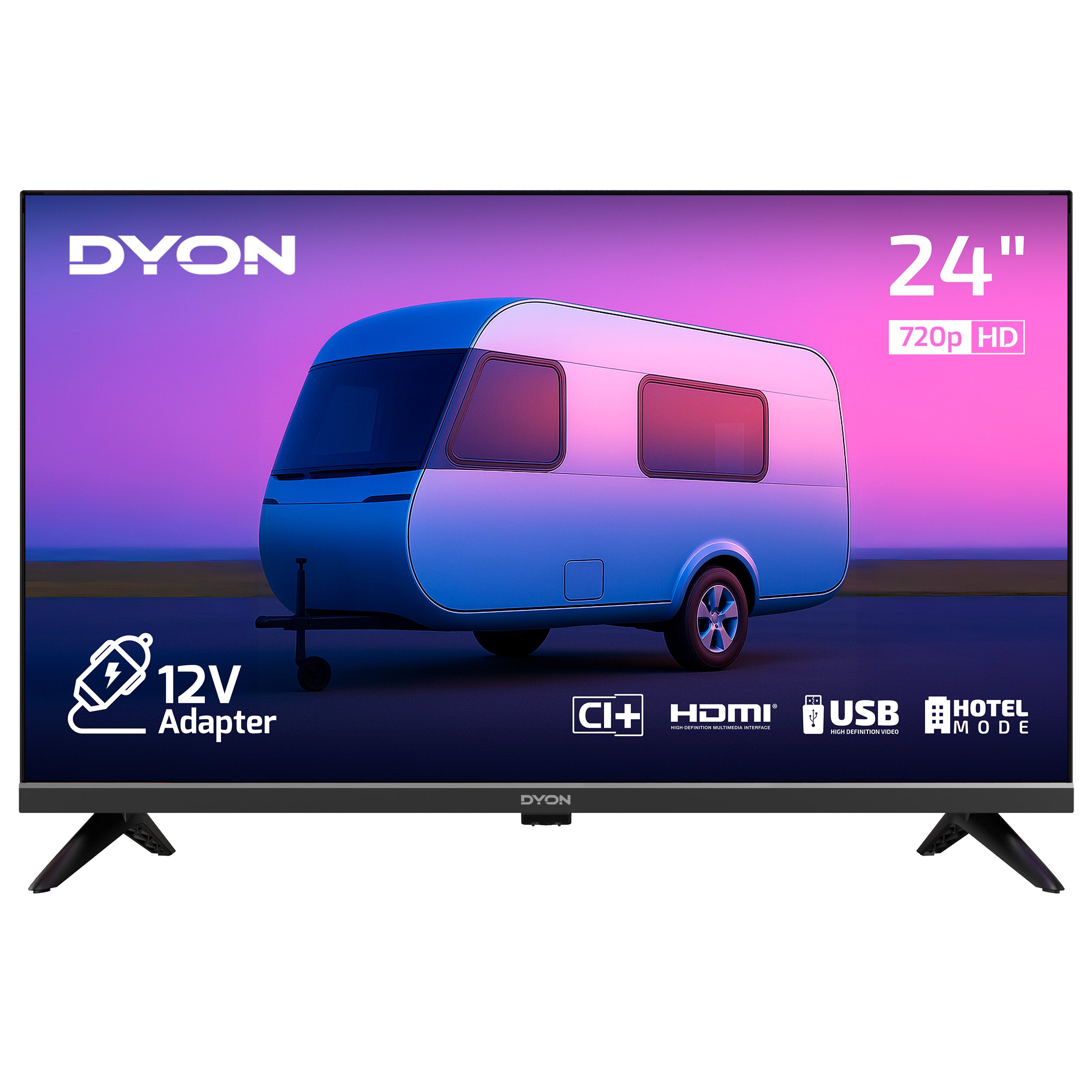 Der Dyon Enter 24 Pro-X-V Standard-TV (24 Zoll, 60 cm) zeigt einen Trailer mit Icons für 12V Adapter, CI+, HDMI, USB und Hotelmodus - perfekt als mobiler Fernseher für unterwegs oder kleine Räume.