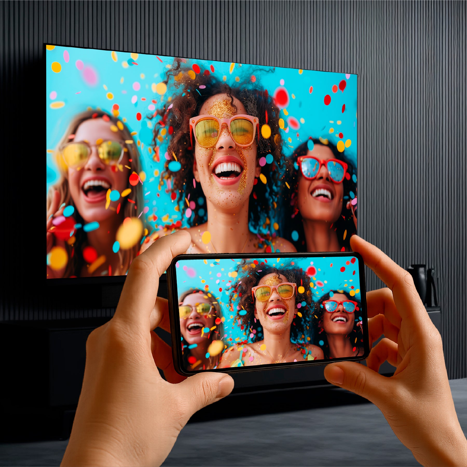 Eine Person hält ein Smartphone in der Hand, auf dem Menschen zu sehen sind, die mit Konfetti feiern, und spiegelt das Bild auf einem DYON Movie Smart 32 VX-S (32 Zoll, 80 cm) TV, der in einem modernen Wohnzimmer an der Wand montiert ist.