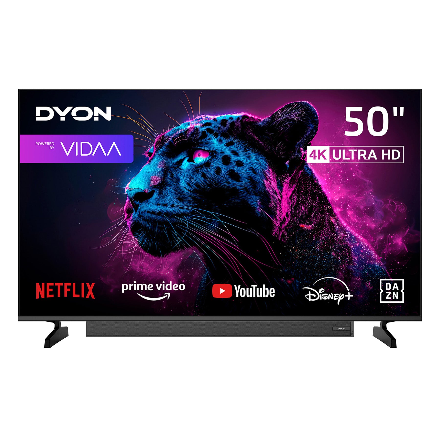 Ein Dyon Movie Smart 50 VX-S (50 Zoll, 126 cm) 4K Ultra HD-Fernseher zeigt auf seinem Bildschirm Logos von Streaming-Diensten und ein neonfarbenes Bild eines schwarzen Panthers.