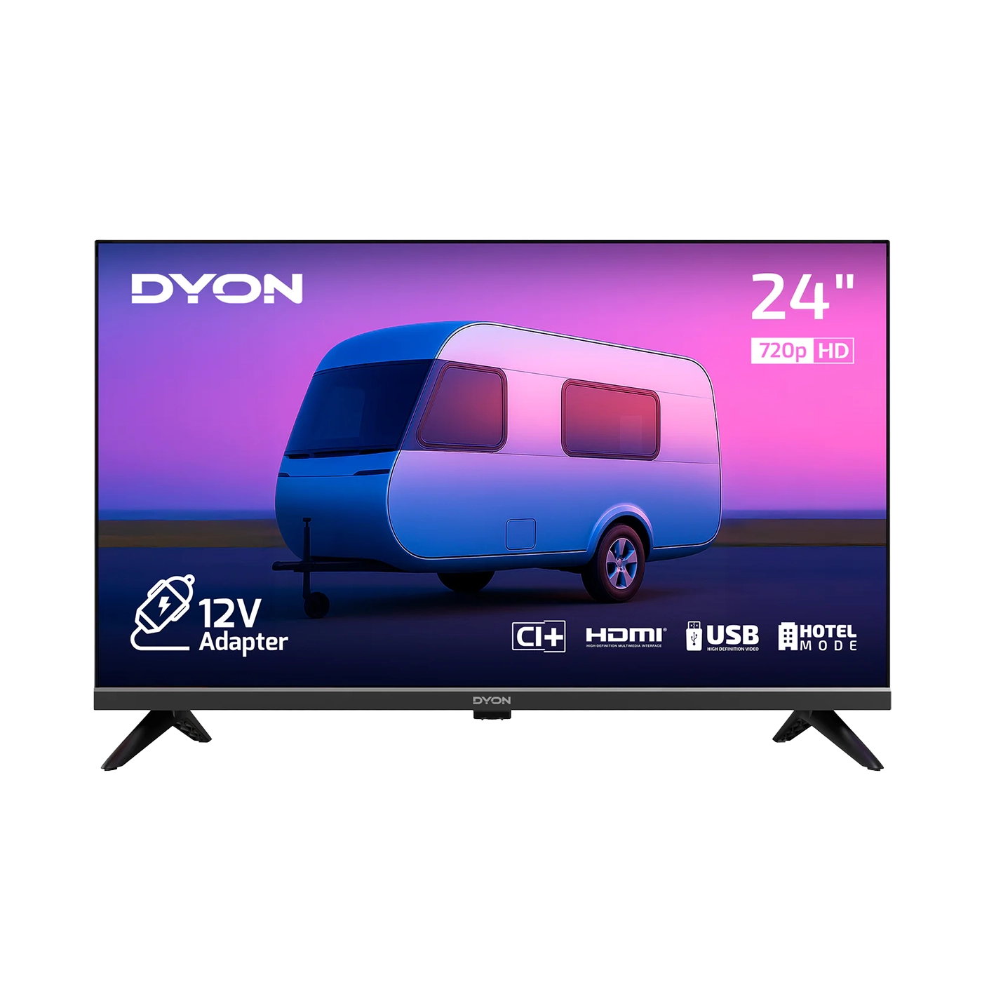 Ein Dyon Enter 24 Pro-X-V Standard-TV (24 Zoll, 60 cm) zeigt ein digitales Bild eines Wohnwagens, wobei die Funktionssymbole auf der unteren Blende sichtbar sind.