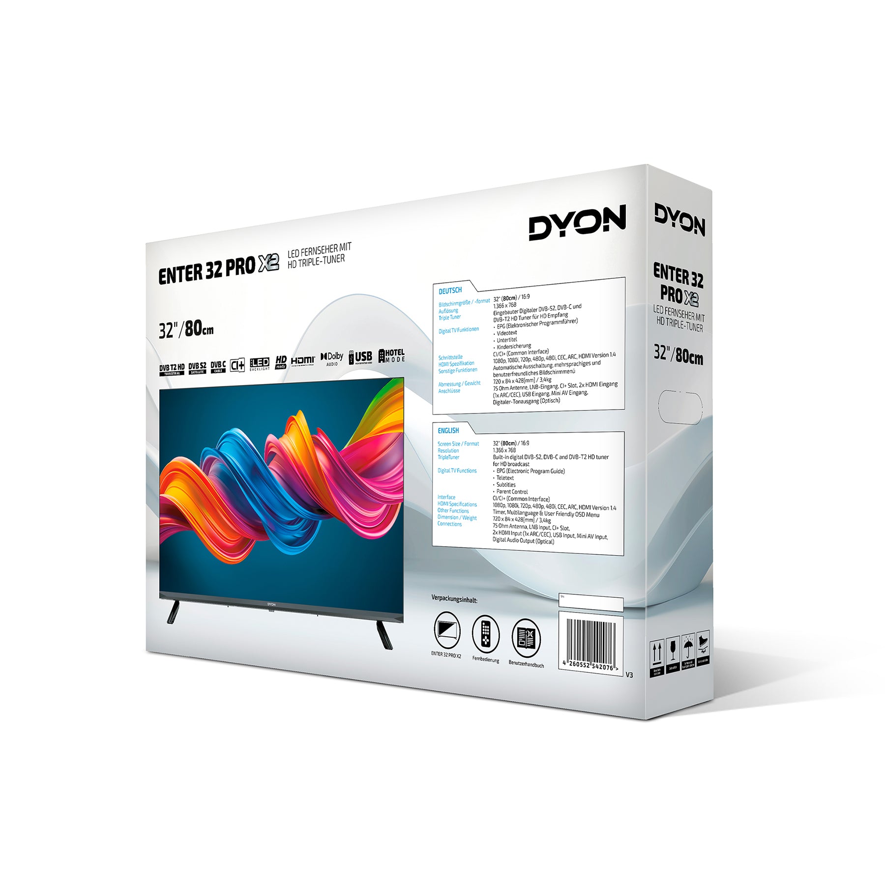 Es wird die Rückseiten Verpackung des DYON Enter 32 Pro-X2 gezeigt. Auf dieser sind neben einer TV Abbildung auch Key Facts wie 32", HD, Triple Tuner, Ci+.