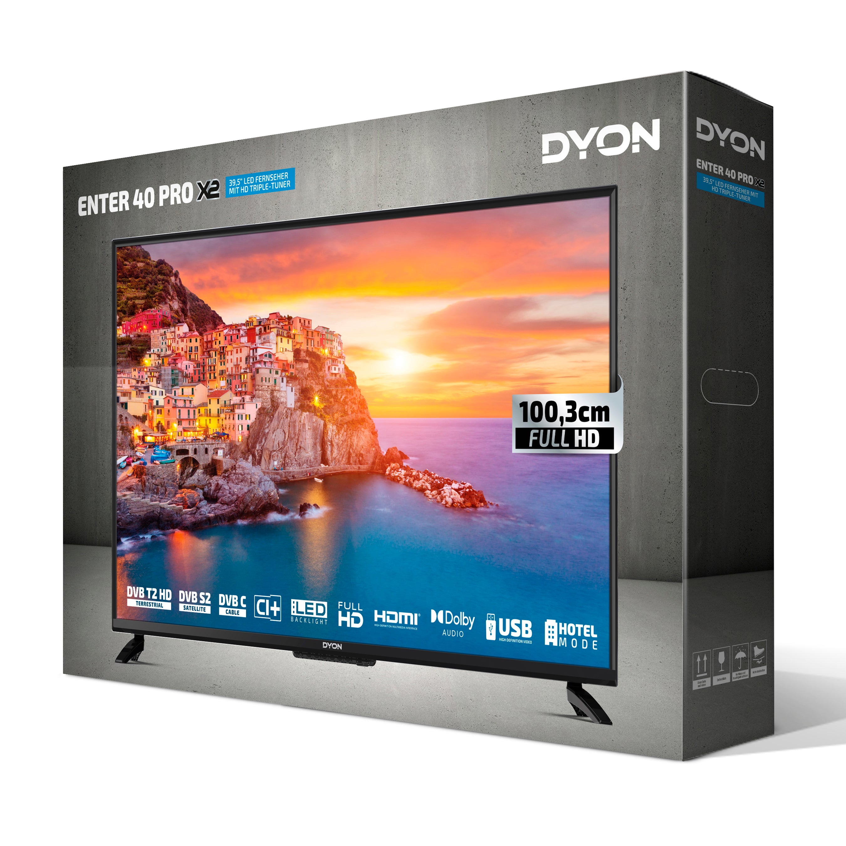 Ein DYON Enter 40 Pro X2 40-Zoll-Full-HD-Fernseher von Dyon, verpackt mit einer auf dem Bildschirm angezeigten Küstenstadt, gekennzeichnet mit 100,3 cm, sowie Symbolen für den Hotel-Modus und den Dreifach-Tuner – ohne WLAN.