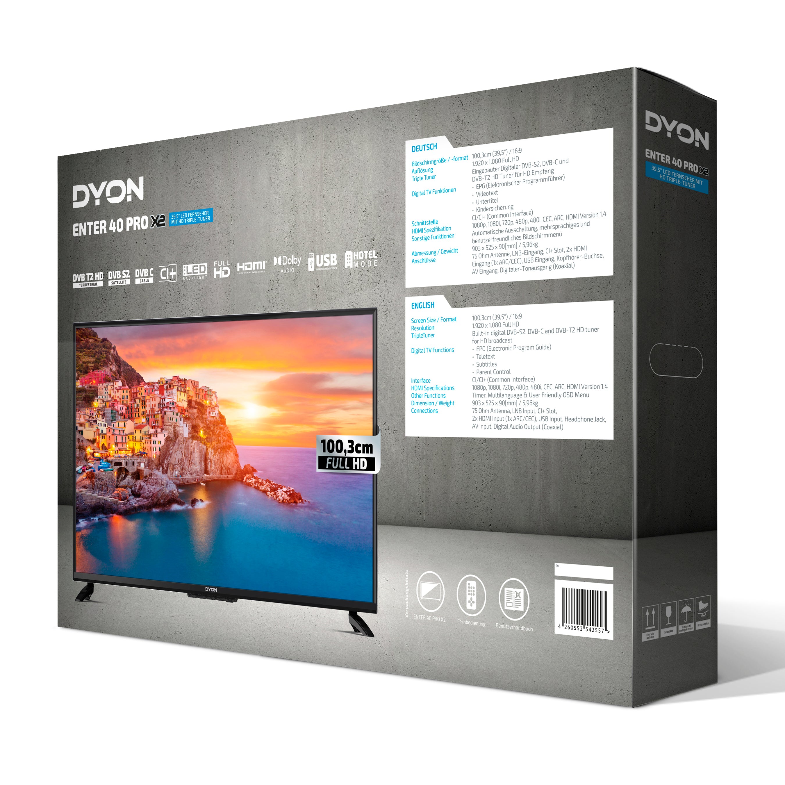 Rückansicht der Verpackung eines Dyon Enter 40 Pro X2 40-Zoll-Full-HD-LED-Fernsehers mit Produktbild, Informationen zum Dreifach-Tuner und technischen Daten zum Hotel-Modus auf der Verpackung. Marke: Dyon. Kein WLAN.