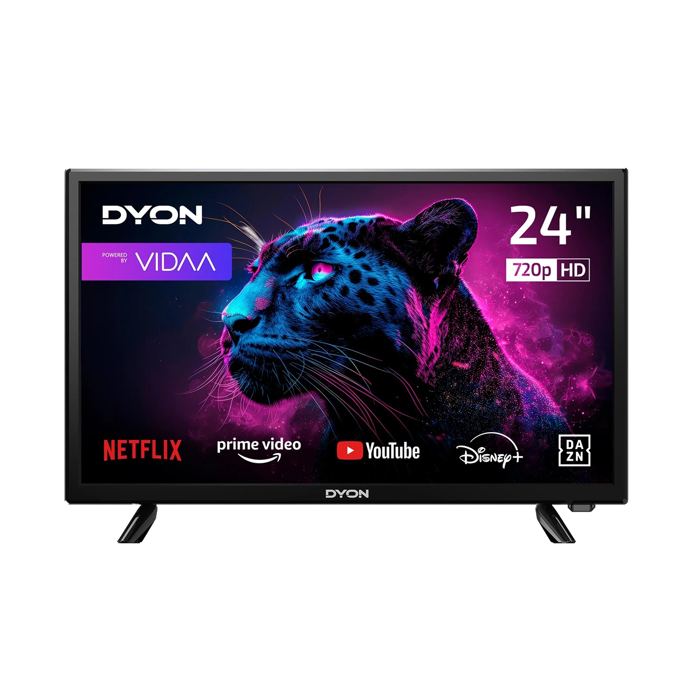 Der Dyon Movie Smart 24 VX Smart TV (24 Zoll, 60 cm) verfügt über einen 720p HD-Bildschirm und zeigt Streaming-Apps wie Netflix, Prime Video, YouTube, Disney+ und DAZN an, hier mit einer Panther-Grafik auf dem Display.