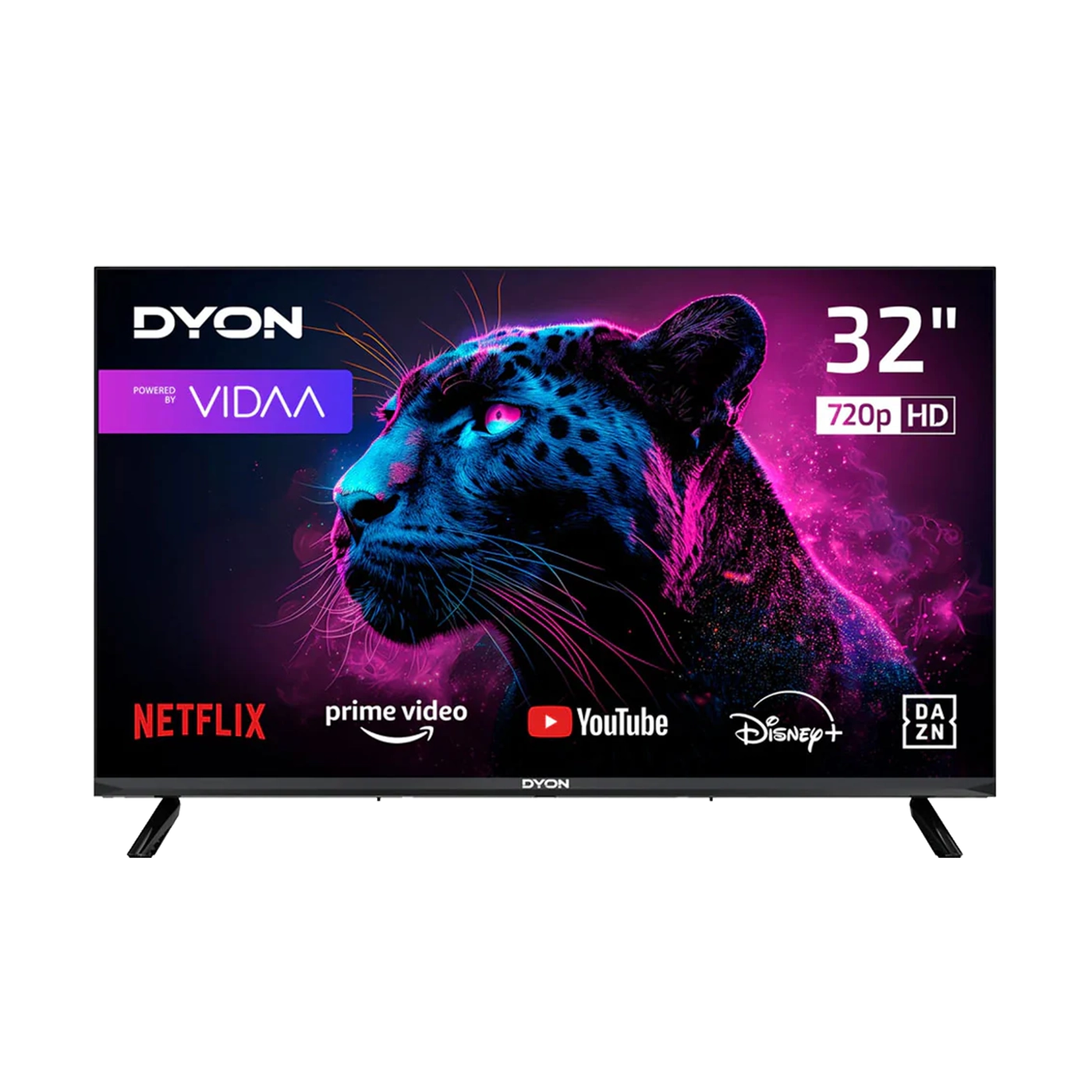 Der Dyon Movie Smart 32 VX Smart TV (32 Zoll/80 cm) verfügt über ein 720p HD-Display, ein VIDAA Betriebssystem, einen eingebauten Triple Tuner und Smart Streaming, hier mit Logos von Streaming-Diensten und einem neonbeleuchteten Panther auf dem Bildschirm.