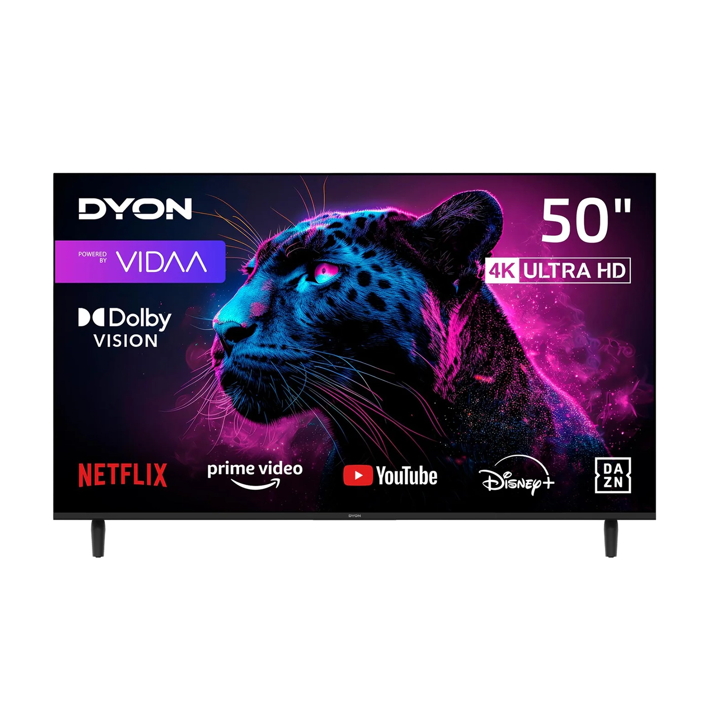 Der Dyon Movie Smart 50 VX Smart TV (50 Zoll, 126 cm) mit 4K Ultra HD zeigt Logos von Streaming-Diensten an und verfügt über eine Grafik eines schwarzen Panthers mit Neon-Akzenten.