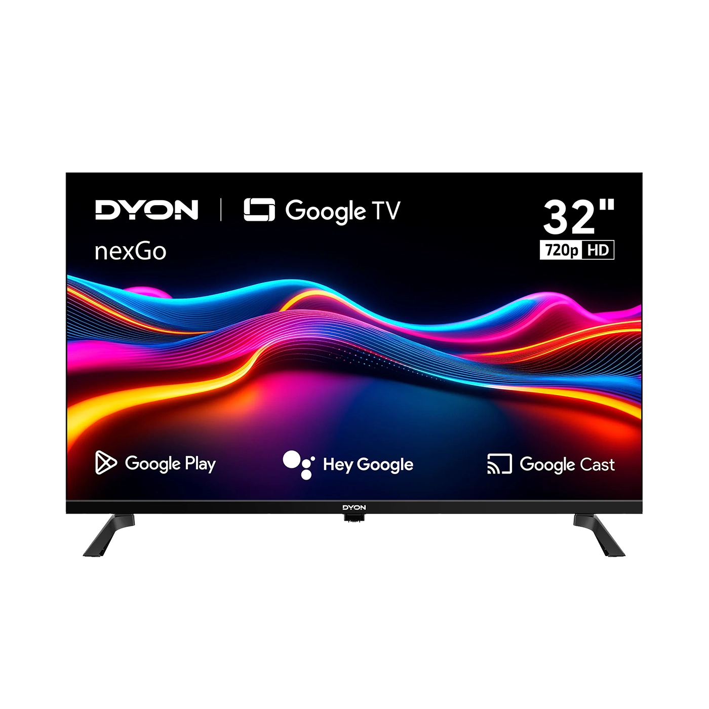 Ein Dyon nexGo 32H Smart TV (32 Zoll, 80 cm) zeigt ein farbenfrohes Wellenmuster auf dem Bildschirm, wobei die Symbole für Google Play, Hey Google und Google Cast am unteren Rand angezeigt werden.