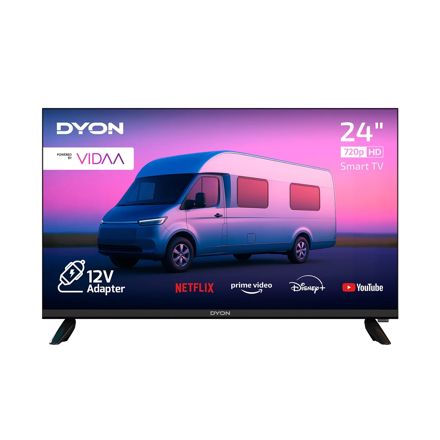 Die Vorderansicht des Dyon Smart 24 VX-V Smart TV (24 Zoll, 60 cm) zeigt ein Wohnmobilbild, App-Logos für Netflix, Prime Video, Disney+ und YouTube; Hinweis: mit Option für 12-V-Adapter.