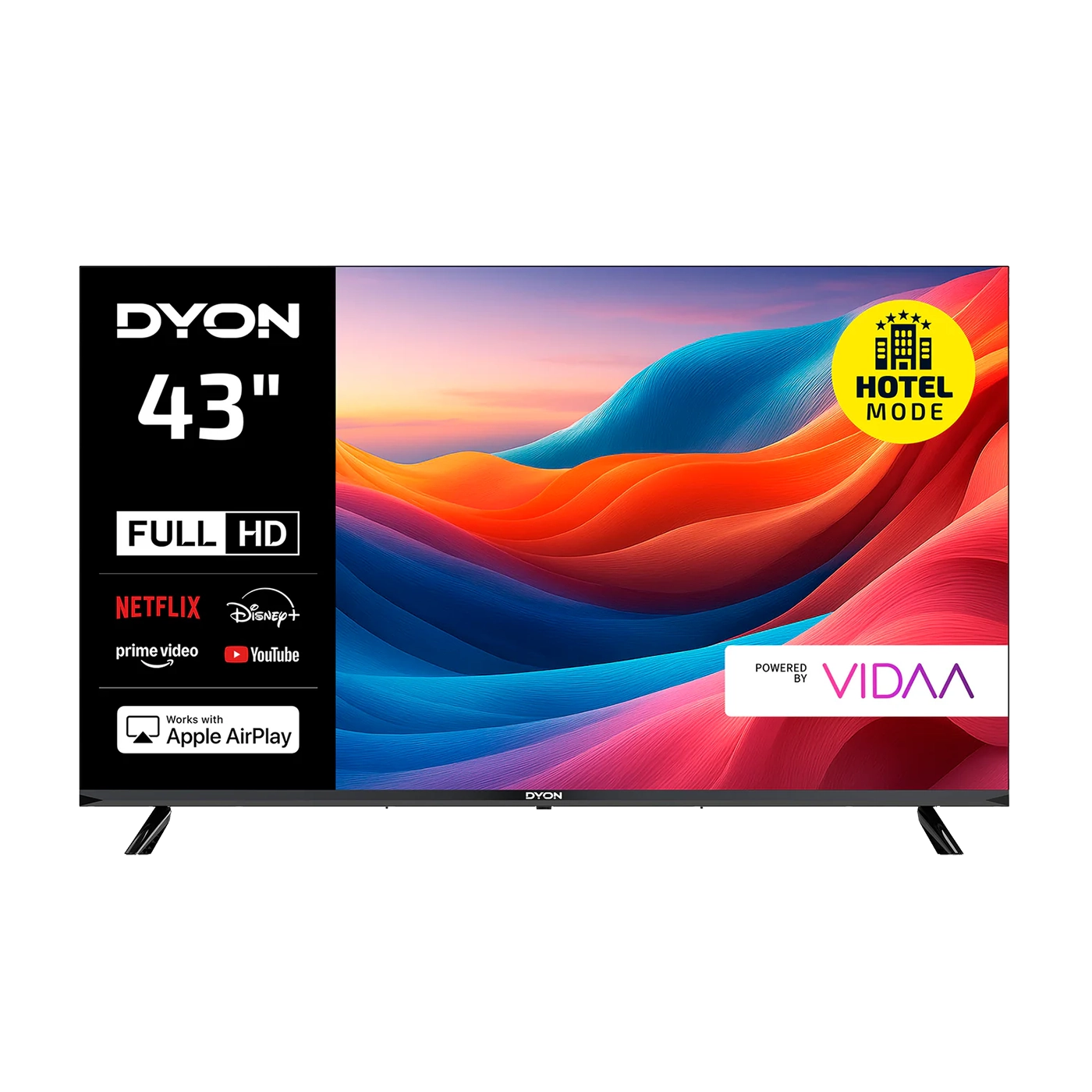 Ein Dyon Smart 43 VX Smart TV (43 Zoll, 108 cm) zeigt auf seinem Full HD-Bildschirm lebendige Grafiken an, wobei die Logos von Streaming-Apps und Funktionssymbole auf der linken Seite sichtbar sind.