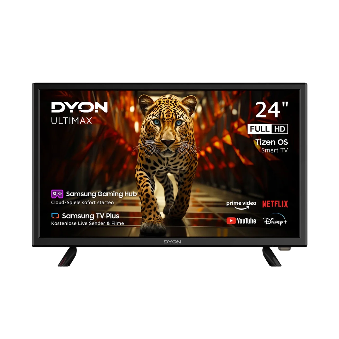 Ein Dyon Ultimax 24F-TI Smart TV (24 Zoll, 60 cm) zeigt ein Leopardenbild auf dem Bildschirm, wobei App-Symbole für Netflix, Prime Video, YouTube, Disney+ und Samsung TV-Funktionen sichtbar sind.