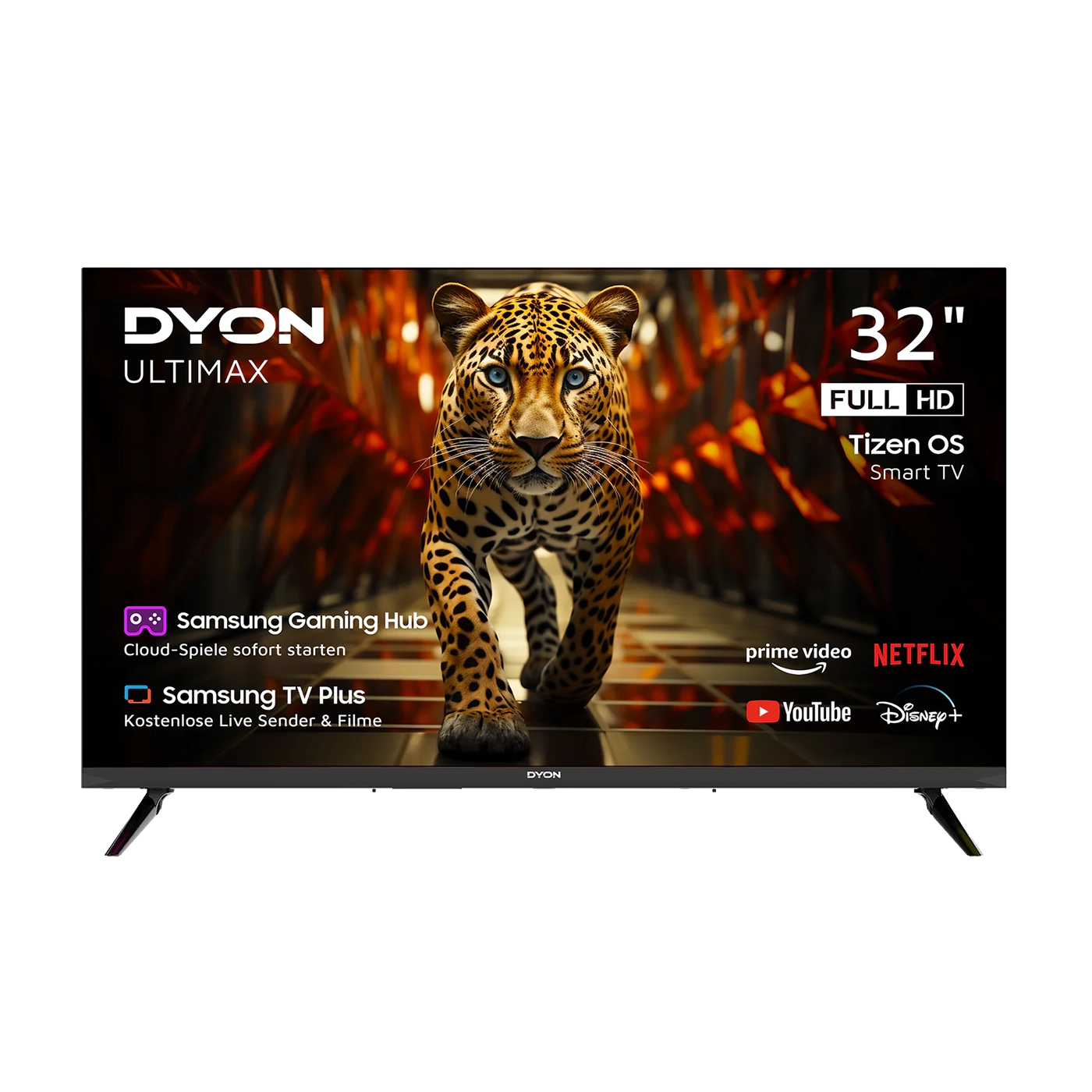 Ein Dyon Ultimax 32F-TI Smart TV (32 Zoll, 80 cm), der einen Leoparden zeigt, mit App-Symbolen für Netflix, Prime Video, YouTube, Disney+ und Samsung-Dienste auf dem Bildschirm.